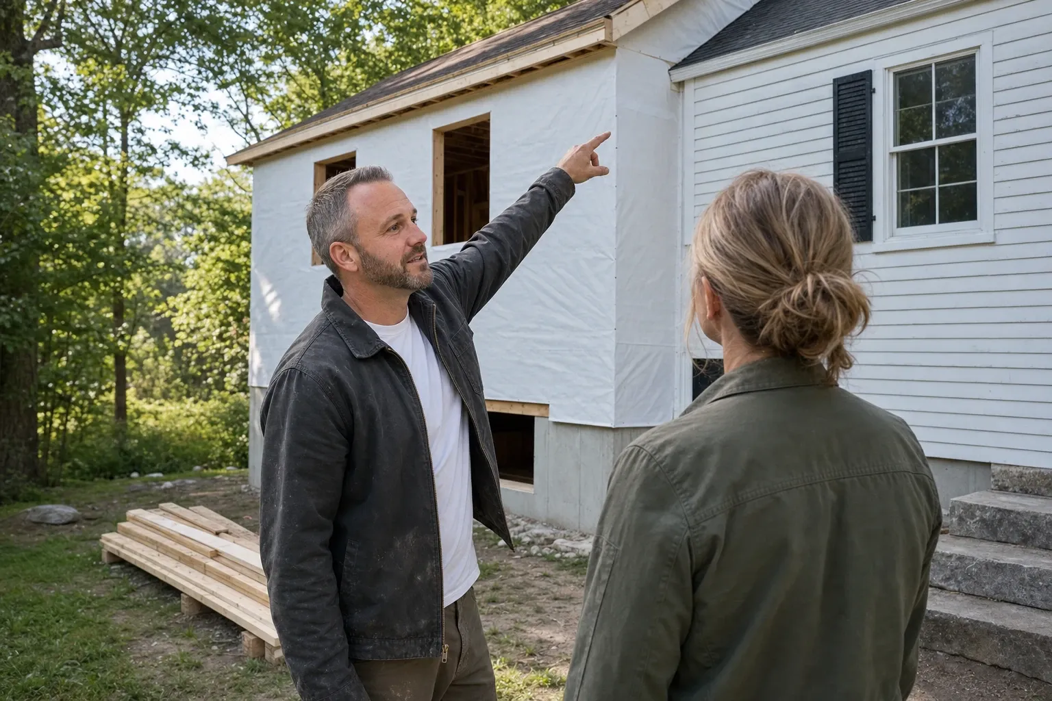 Joe Hausler, owner of General Contractor Portland: pointing up at a new addition's roof tie-in on a white clapboard house, a homeowner beside him seen from behind