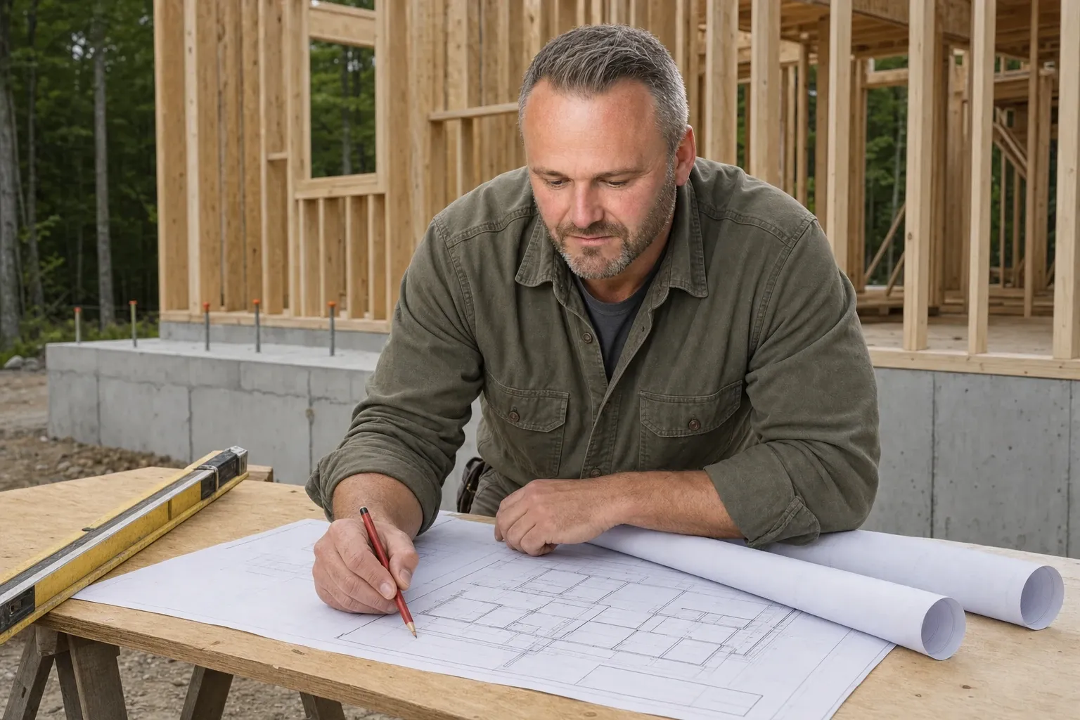Joe Hausler, owner of General Contractor Portland: marking a floor plan in red pencil on a plywood table, a new foundation and wall framing behind him
