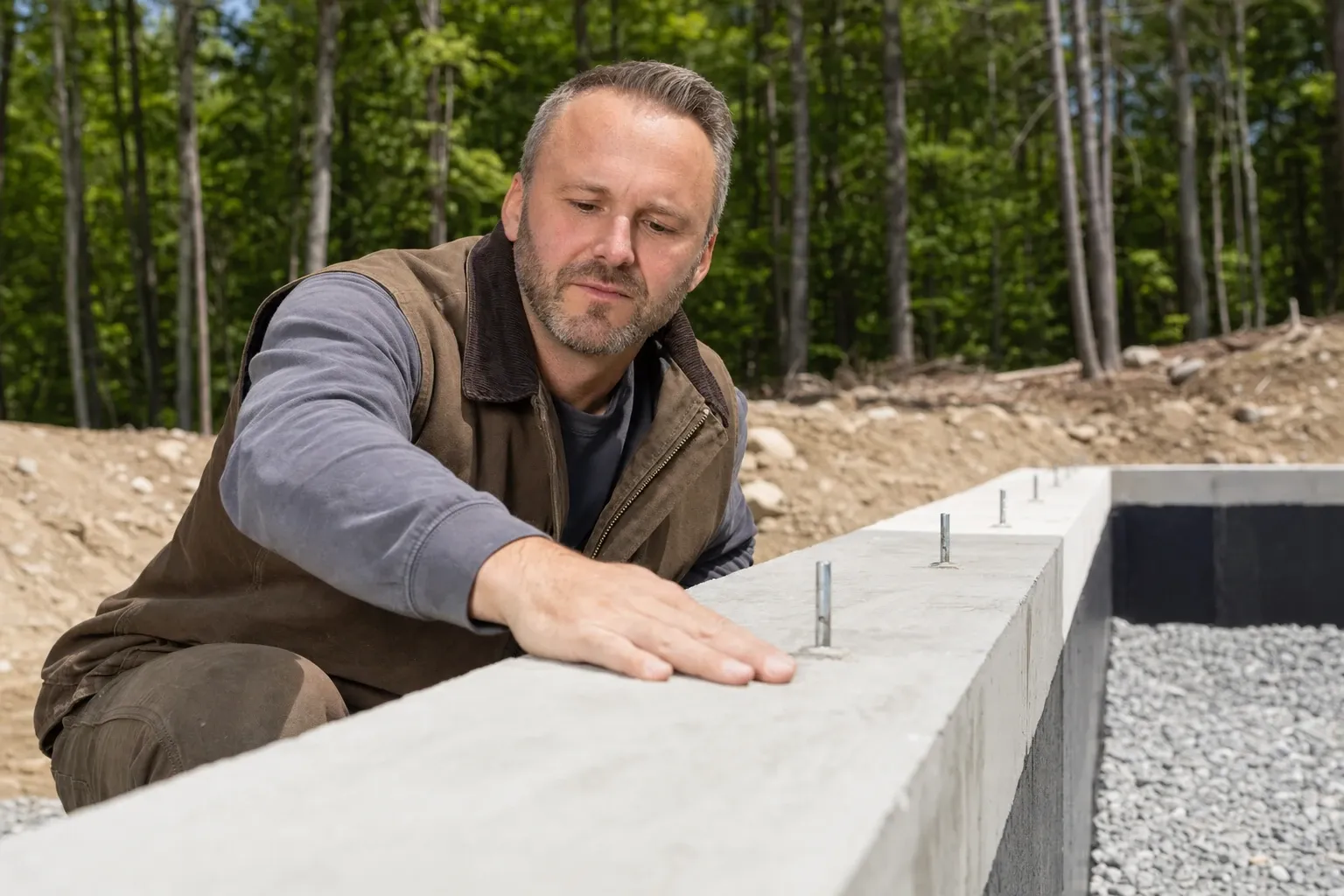 Joe Hausler, owner of General Contractor Portland: crouching to run his hand along a new poured concrete foundation wall beside its anchor bolts, a wooded lot behind him
