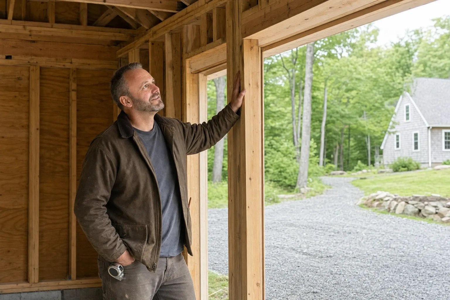 Joe Hausler, owner of General Contractor Portland: inside a newly framed garage, looking up at the header over the door opening, a gravel drive and a gray-shingled cape beyond