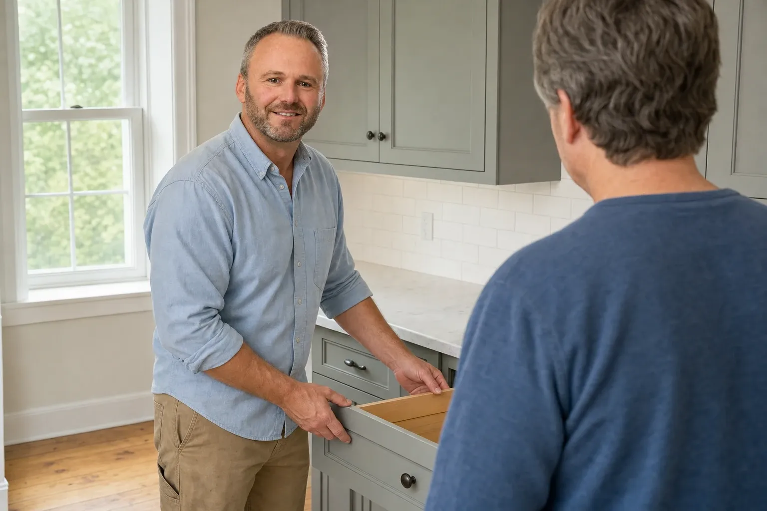 Joe Hausler, owner of General Contractor Portland: opening a drawer of a new gray-green cabinet in a finished kitchen for a homeowner seen from behind