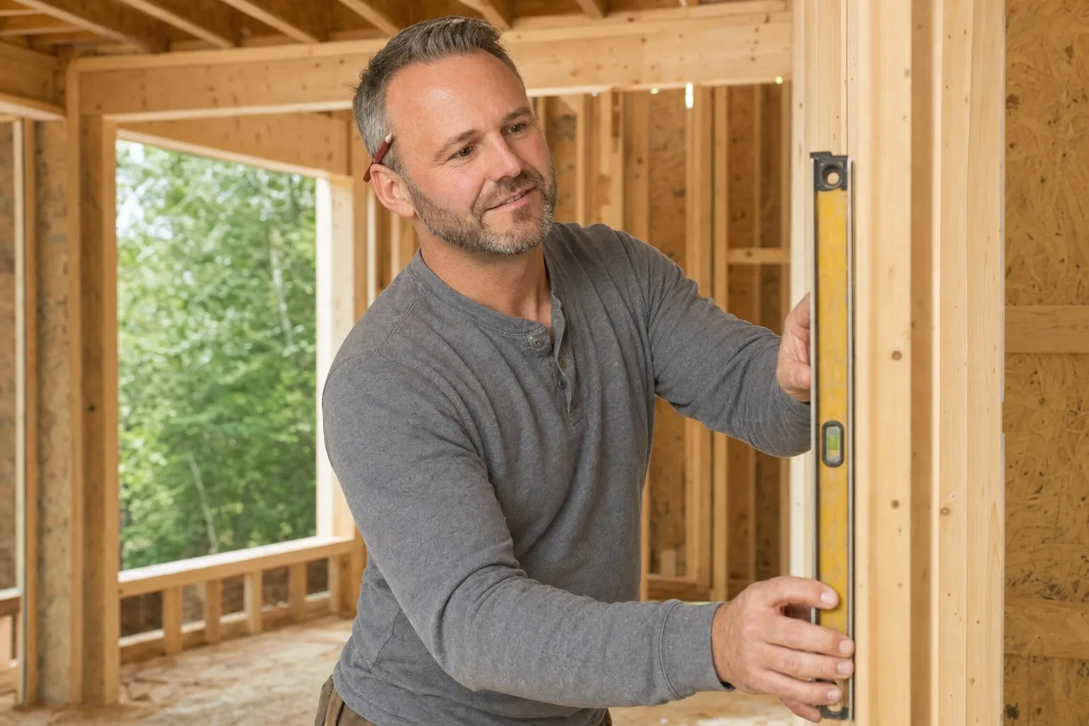 Joe Hausler, owner of General Contractor Portland: holding a yellow level upright against a framed wall to check it for plumb, a pencil behind his ear, in a gray Henley