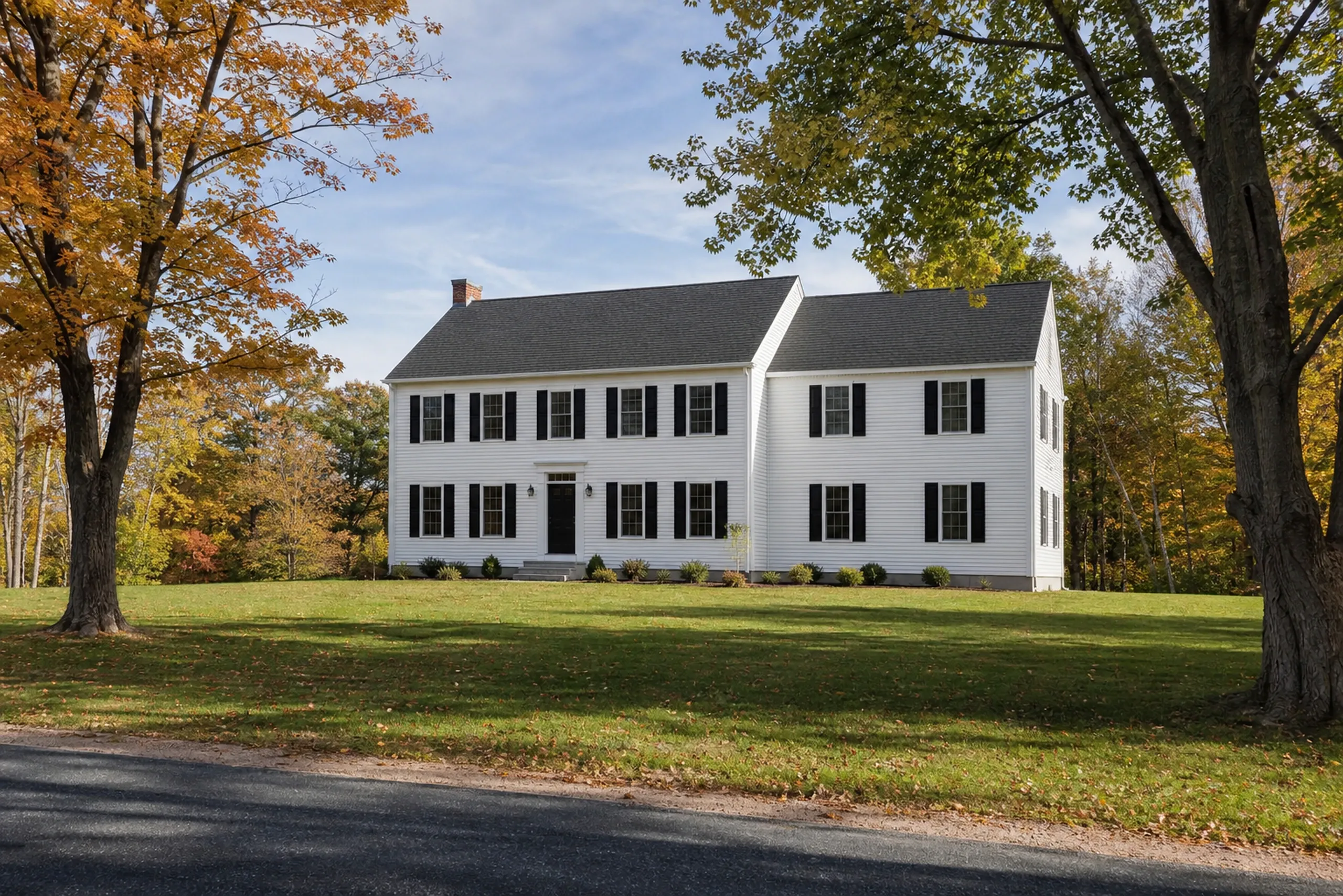 Building and remodeling around Greater Portland: white clapboard colonial with black shutters and a matching two-story addition on one side, a wide lawn and maples in autumn