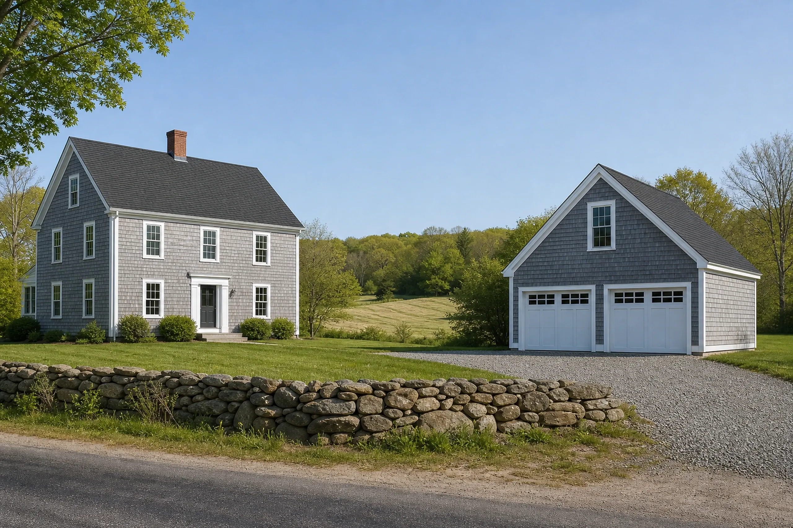 Building and remodeling around Greater Portland: gray shingled two-story house with a brick chimney beside a matching two-car garage, with a gravel drive
