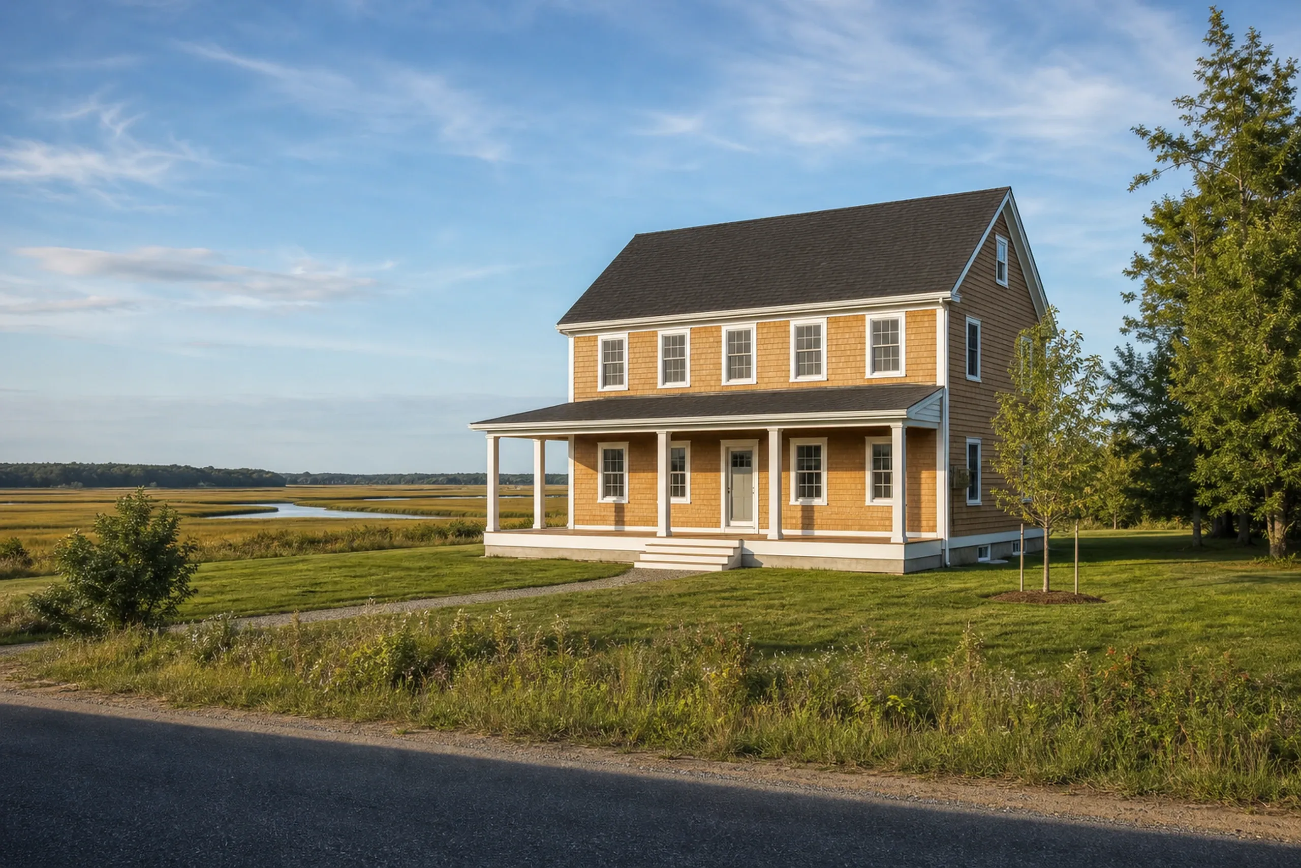 Building and remodeling around Greater Portland: two-story house with tan shingle siding, a covered front porch and dark roof