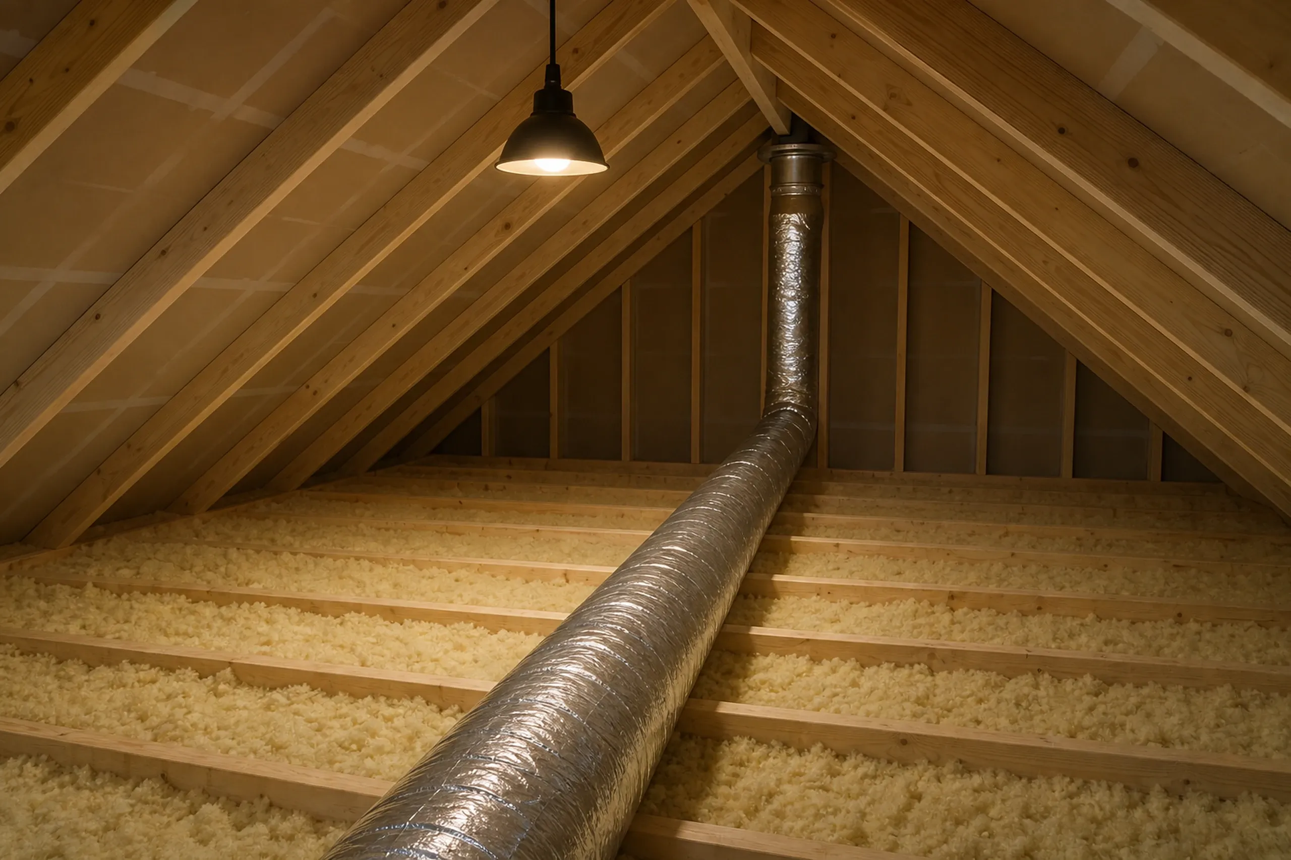 Bathroom remodeling: insulated silver fan duct running across attic insulation and rising between the rafters to the roof, under a hanging light