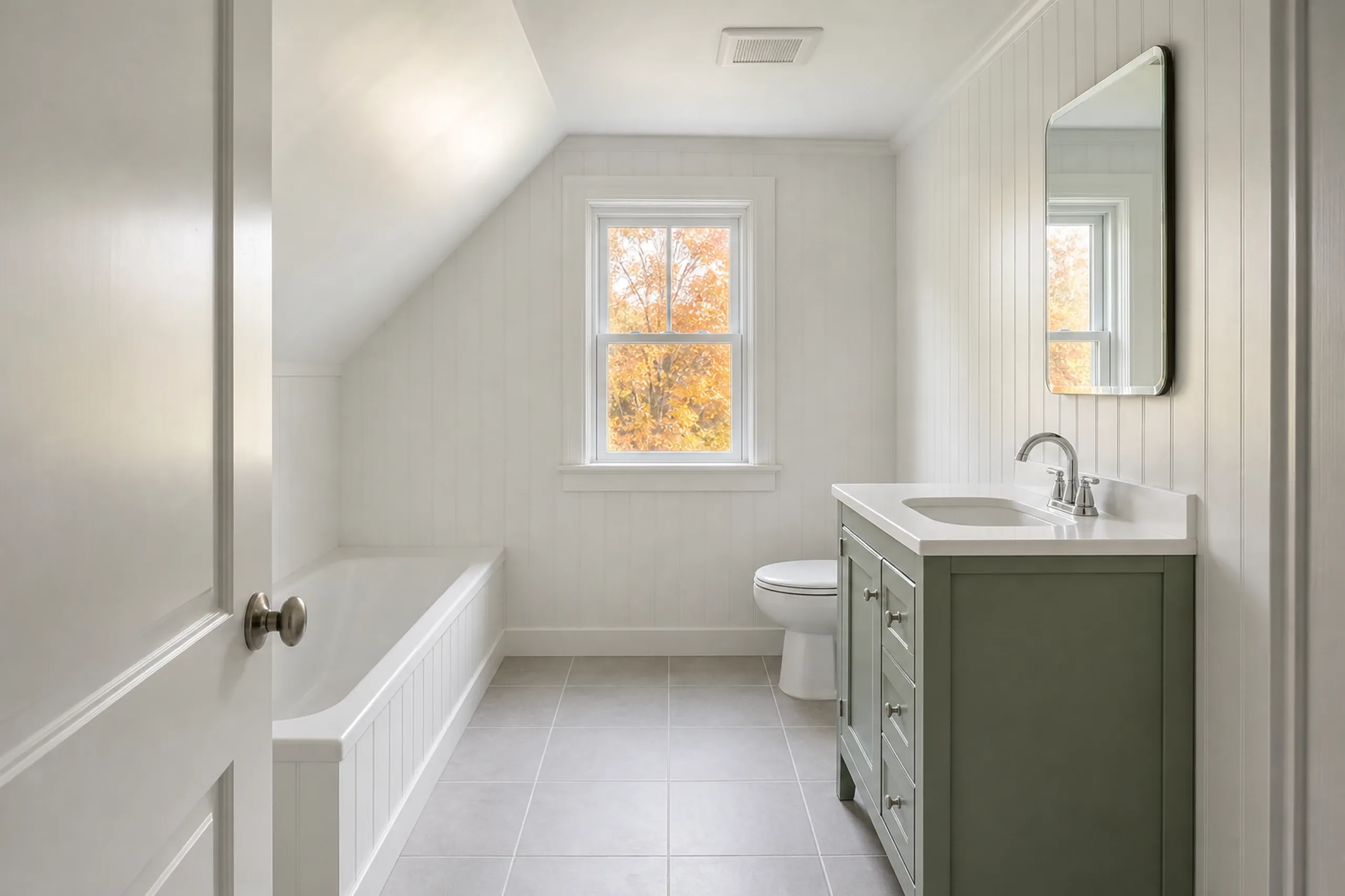 Bathroom remodeling: attic bathroom with white vertical plank walls under a sloped ceiling, a built-in tub, a green vanity and a window showing orange leaves