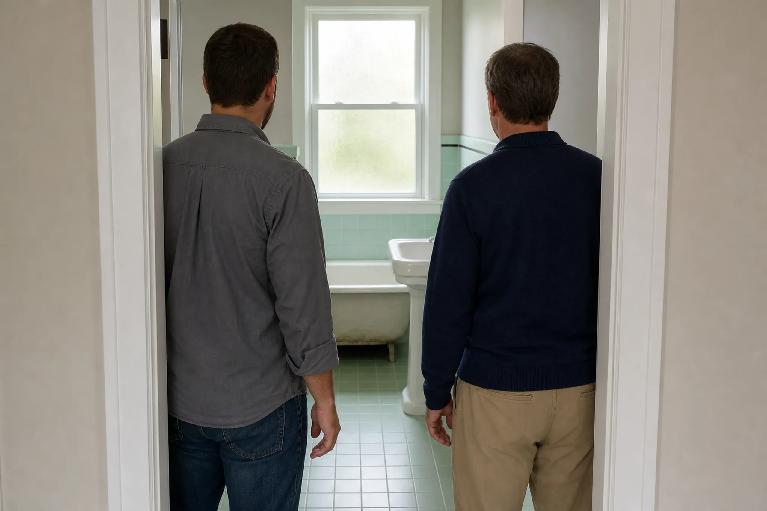 Bathroom remodeling first visit: two men seen from behind in a doorway, one in a gray shirt and one in a navy sweater, facing an older bathroom with pale green tile