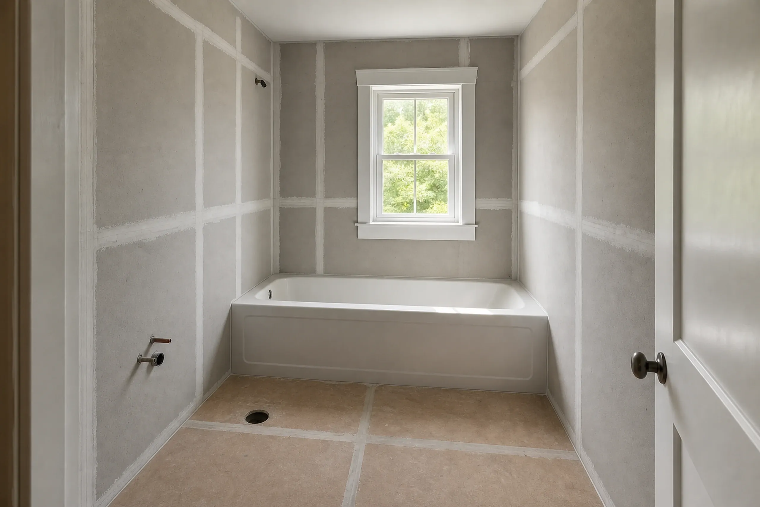 Bathroom remodeling in progress: stripped bathroom with gray panel walls and taped seams, a white tub under a window, a floor drain and bare unfinished flooring