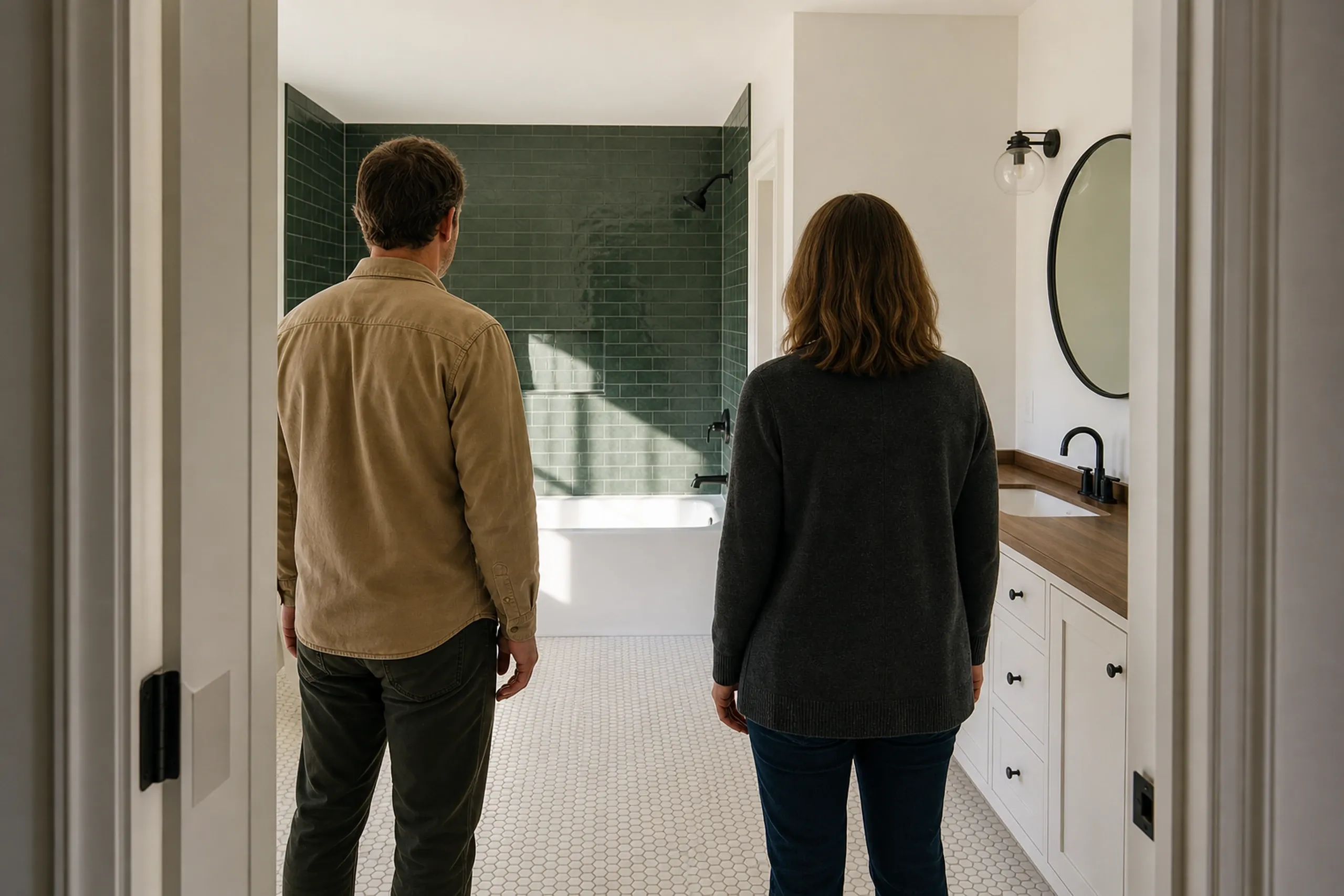 Bathroom remodeling final walkthrough: A man in a tan shirt and a woman in a gray sweater, seen from behind, facing a bathroom with a green tile tub wall