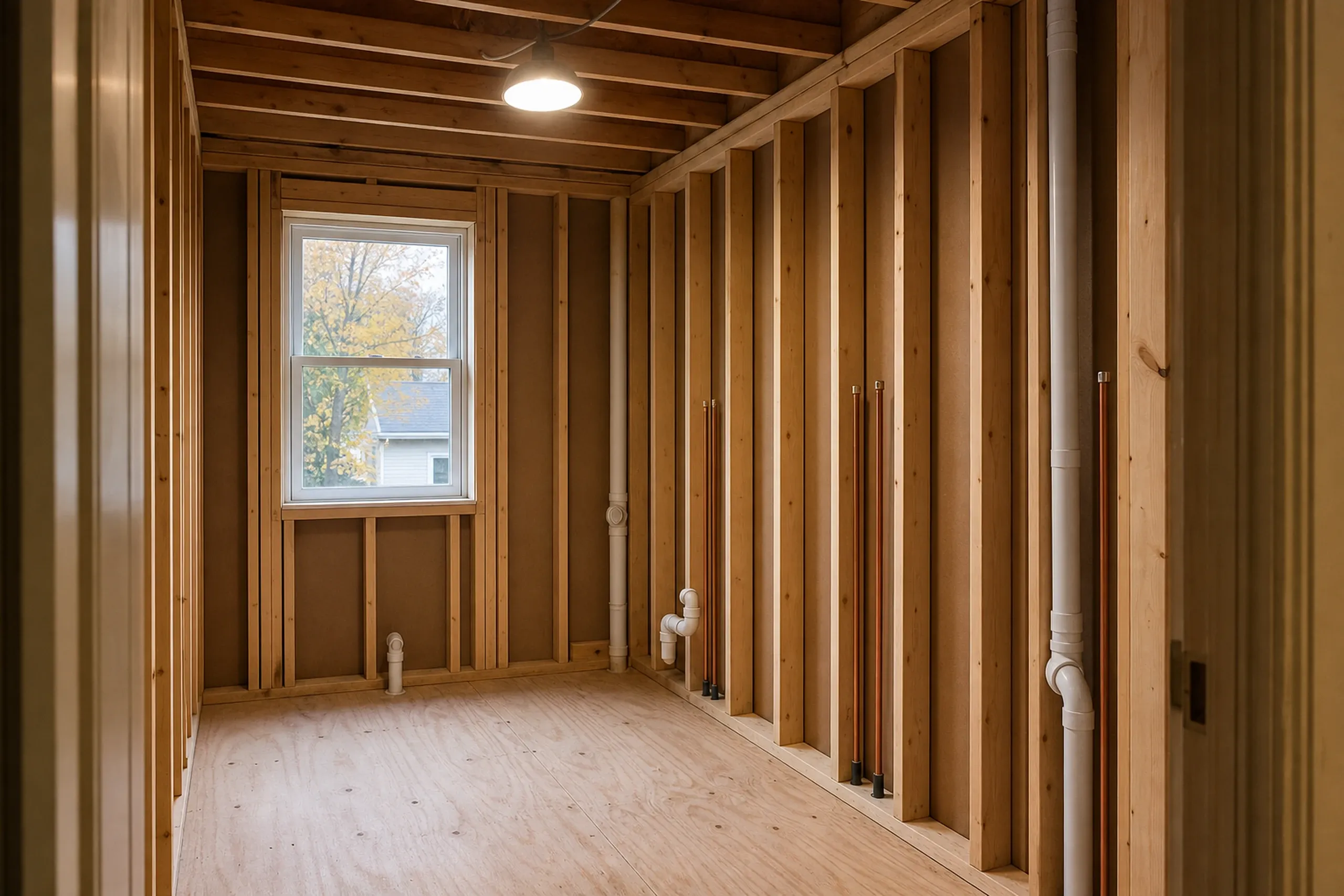 Bathroom remodeling: bare wood-framed bathroom with open studs, white drain pipes, copper supply stubs, a plywood floor and a window showing yellow leaves