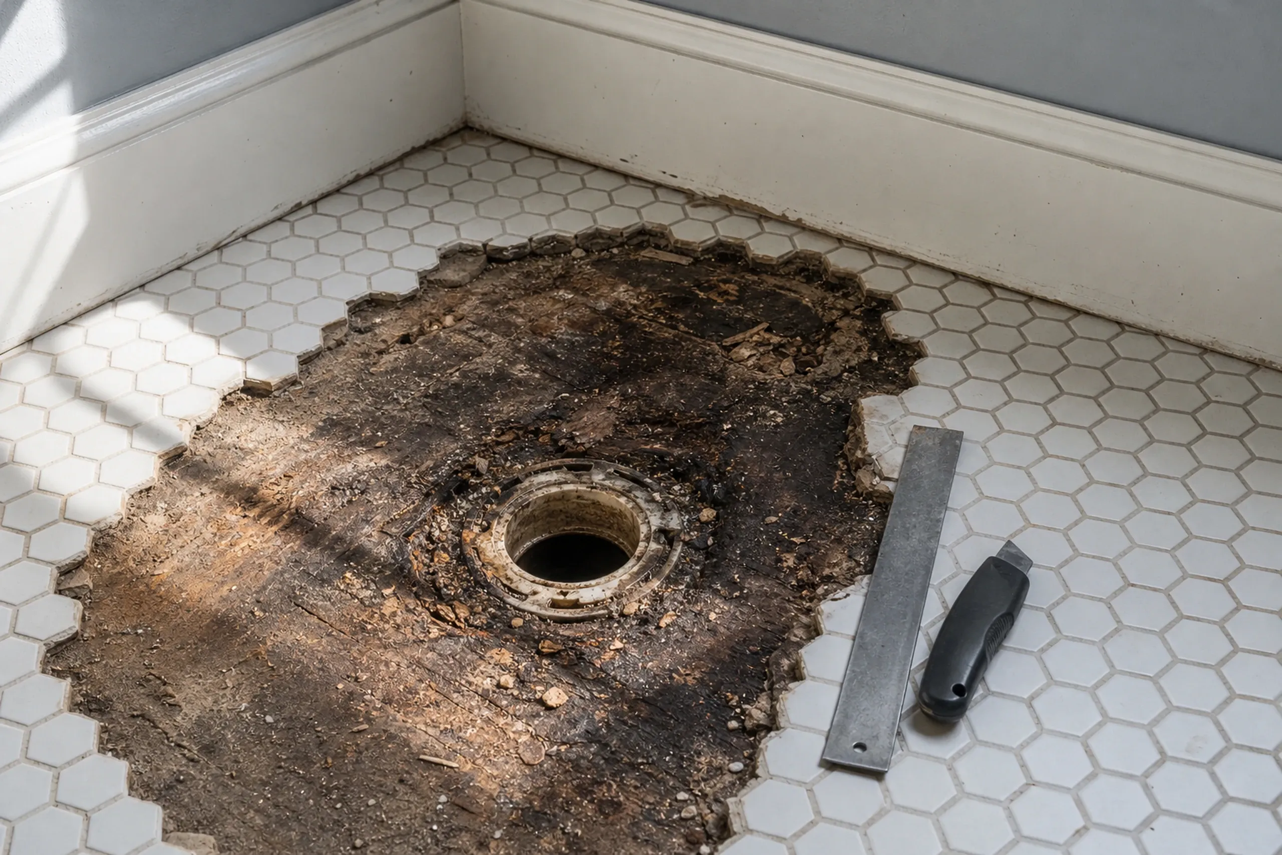 Bathroom remodeling: hexagon tile floor cut open around a toilet drain flange, showing dark crumbling wood, with a flat metal bar and a hand tool nearby