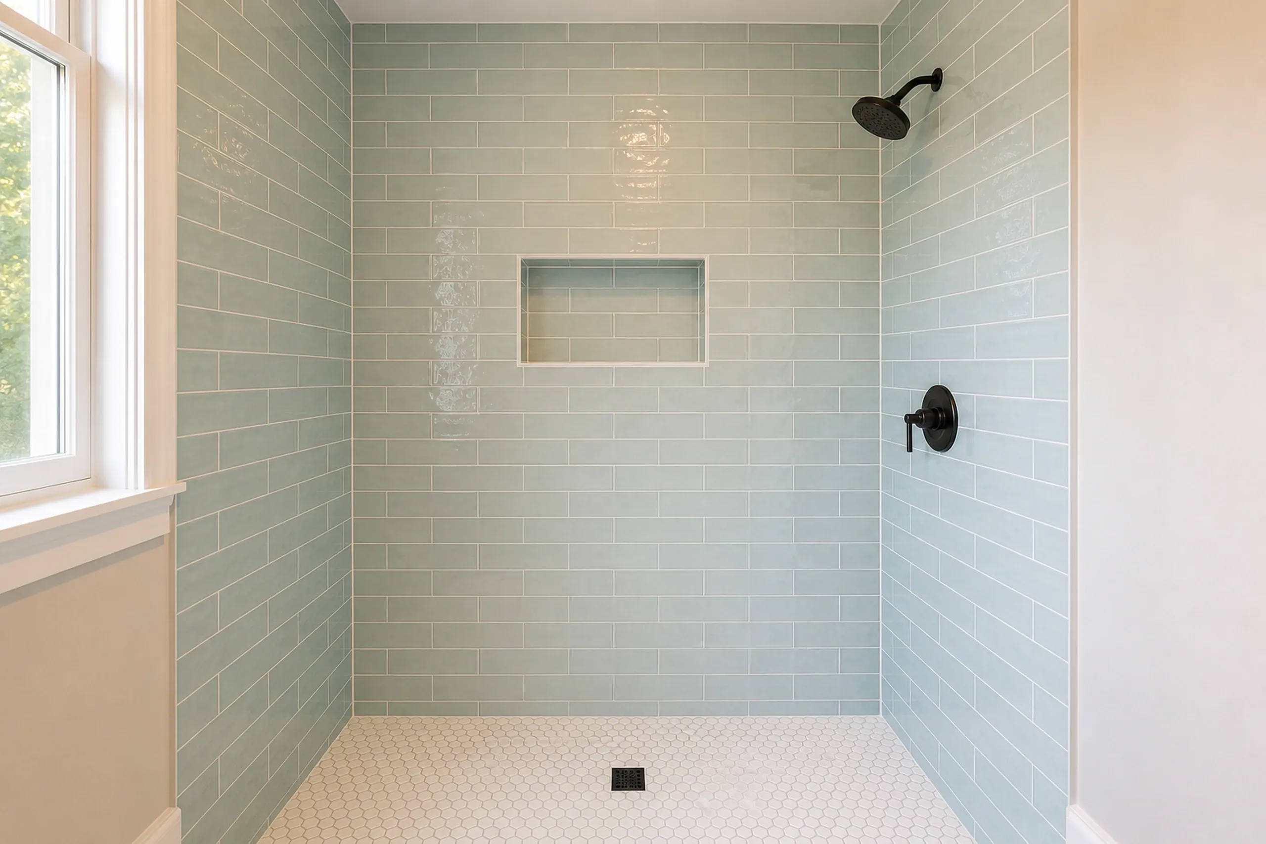Bathroom remodeling: shower with glossy pale blue-green tile on three walls, a recessed shelf, black fixtures and a small hexagon tile floor with a square drain