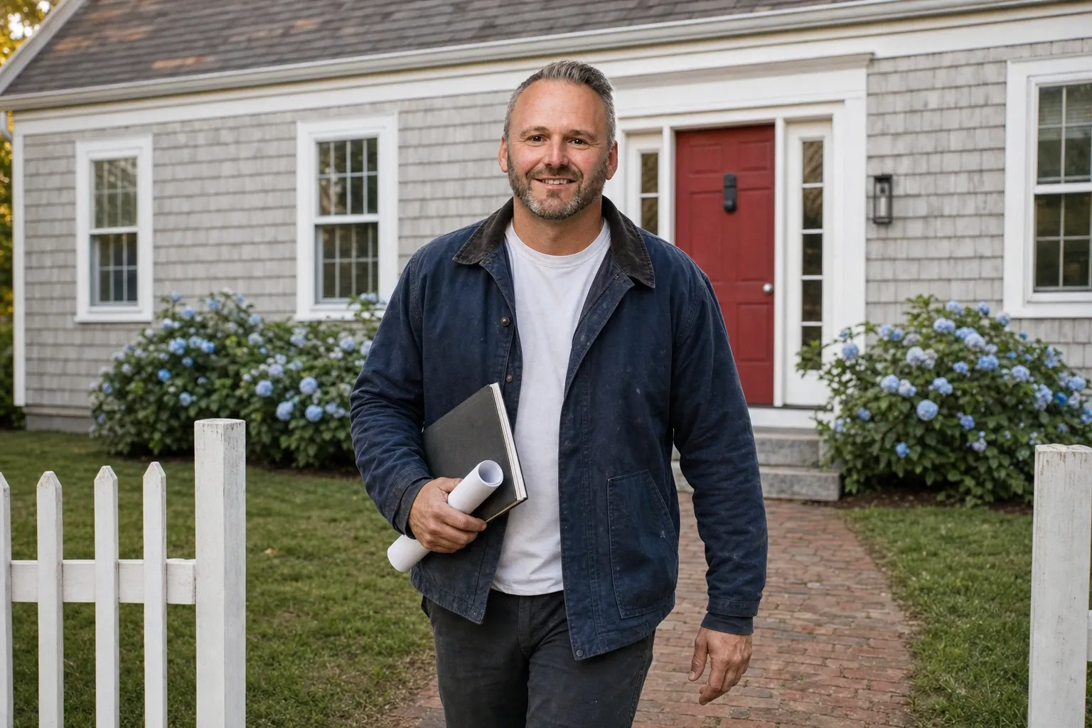 Joe Hausler, owner of General Contractor Portland: walking down a brick path from a gray-shingled cape with a red door, a notebook and a rolled drawing under his arm