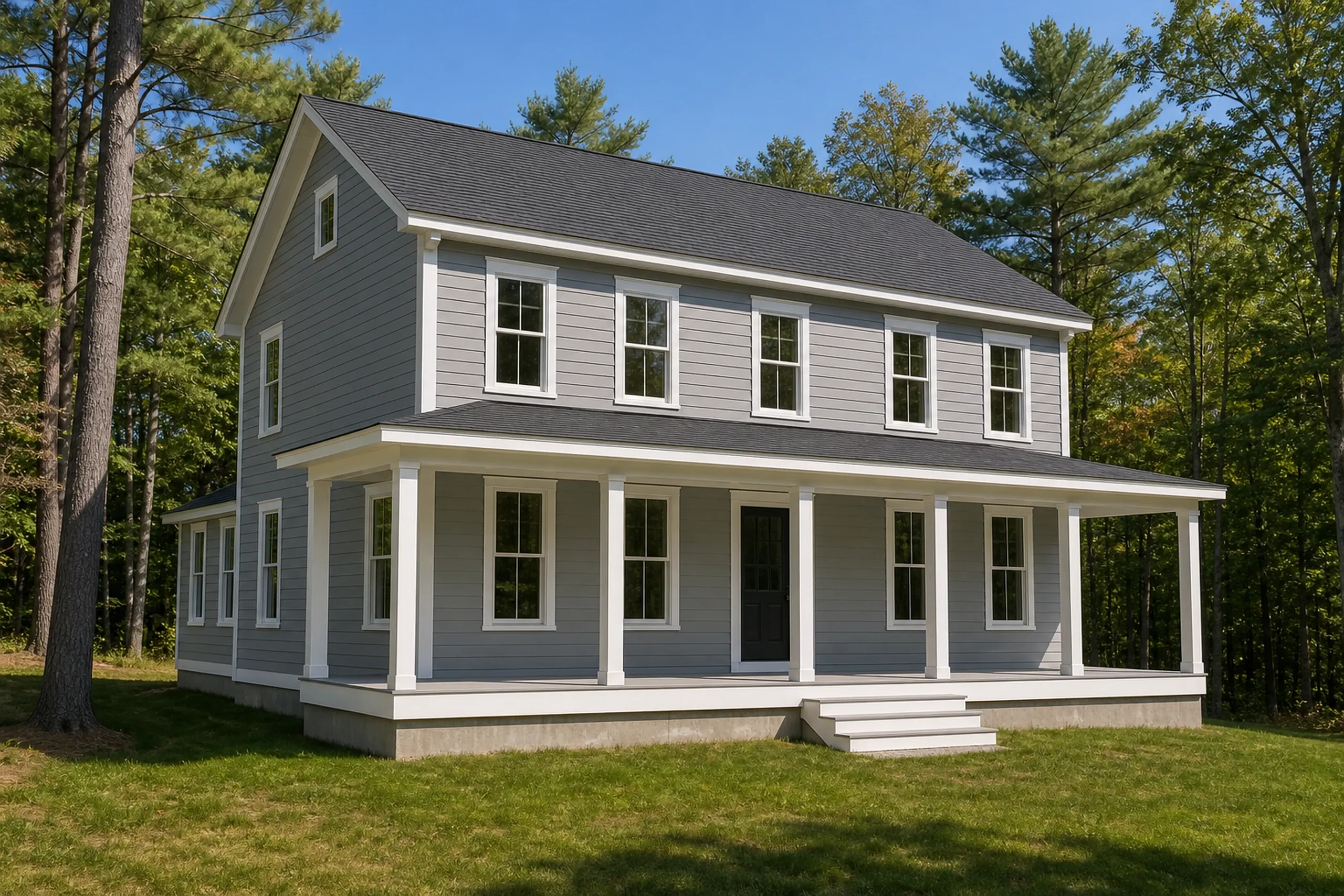 Custom homes: two-story gray house with white trim, a dark roof and a wide front porch on a concrete base, standing on a lawn in front of pine trees