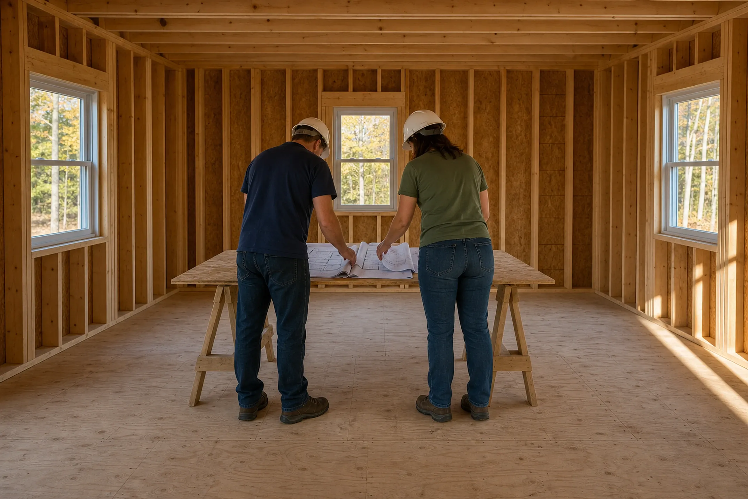 Custom home builder: two people in white hard hats, seen from behind, bending over plans on a sawhorse table inside a framed room with window openings