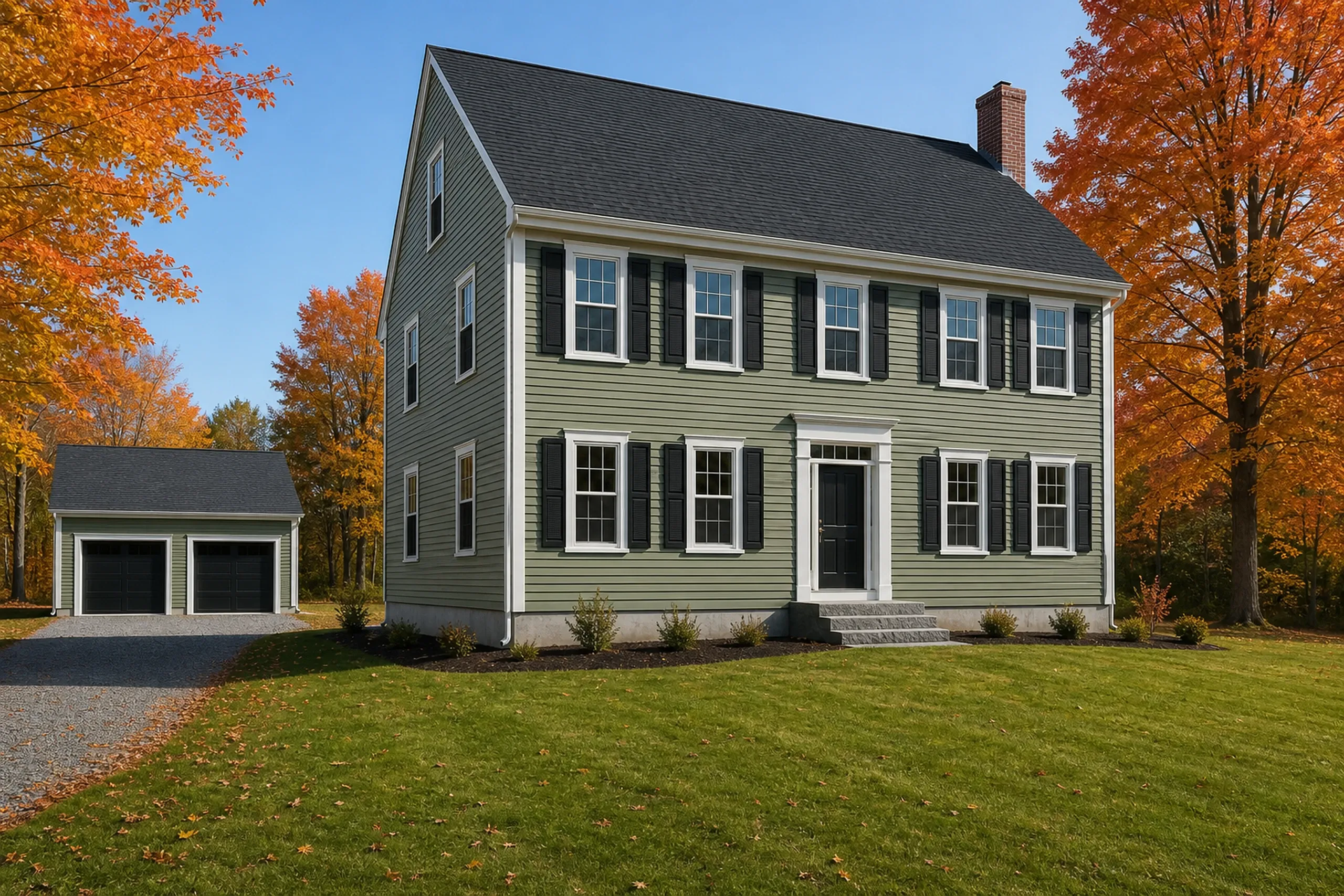 Custom home builder: two-story sage green clapboard house with black shutters and brick chimney, a detached two-car garage and gravel drive, in autumn