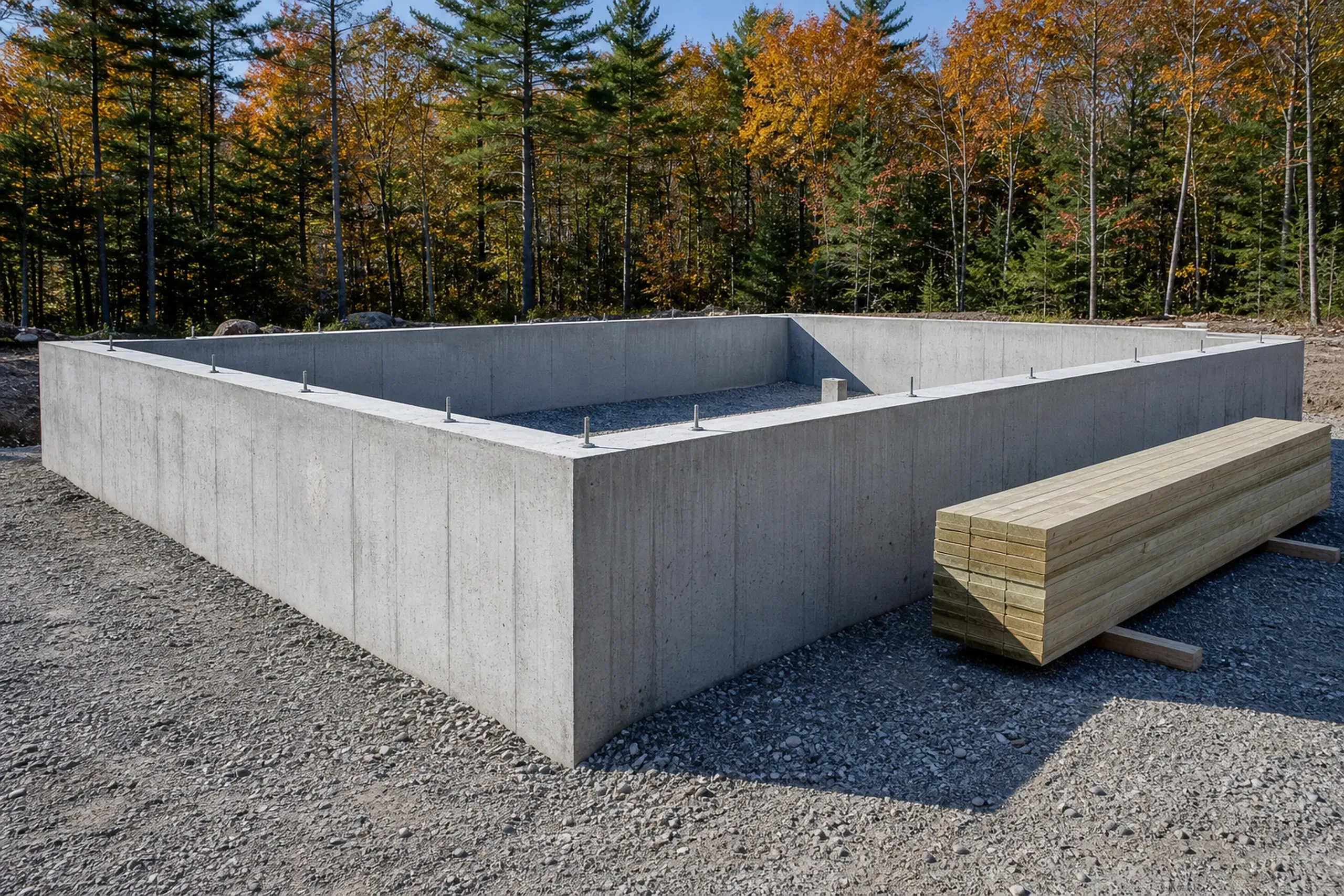 Custom home builder: poured concrete foundation walls with anchor bolts along the top, gravel around, and a stack of lumber at right, in front of woods