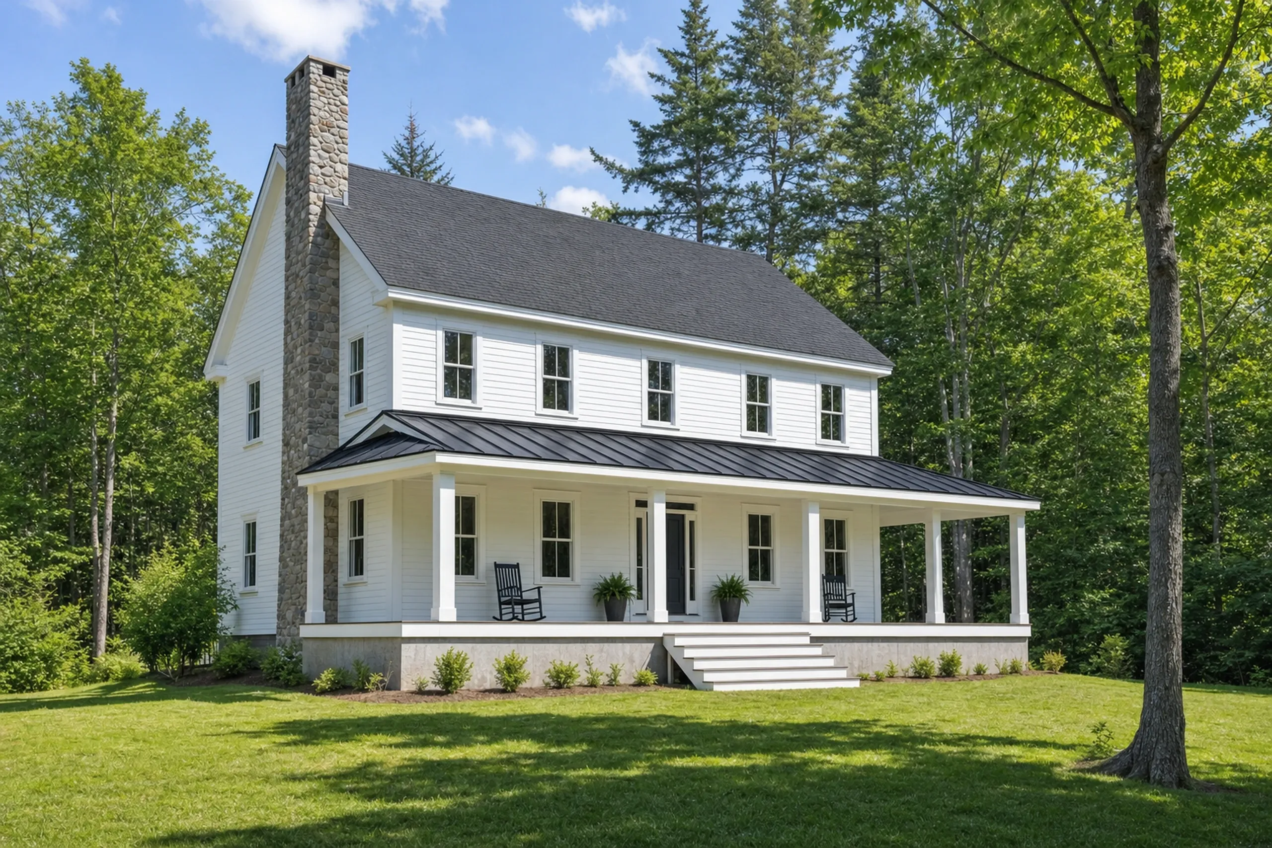 Custom home builder: white clapboard farmhouse with a stone chimney and a front porch with a dark metal roof, two rocking chairs and steps, among green trees