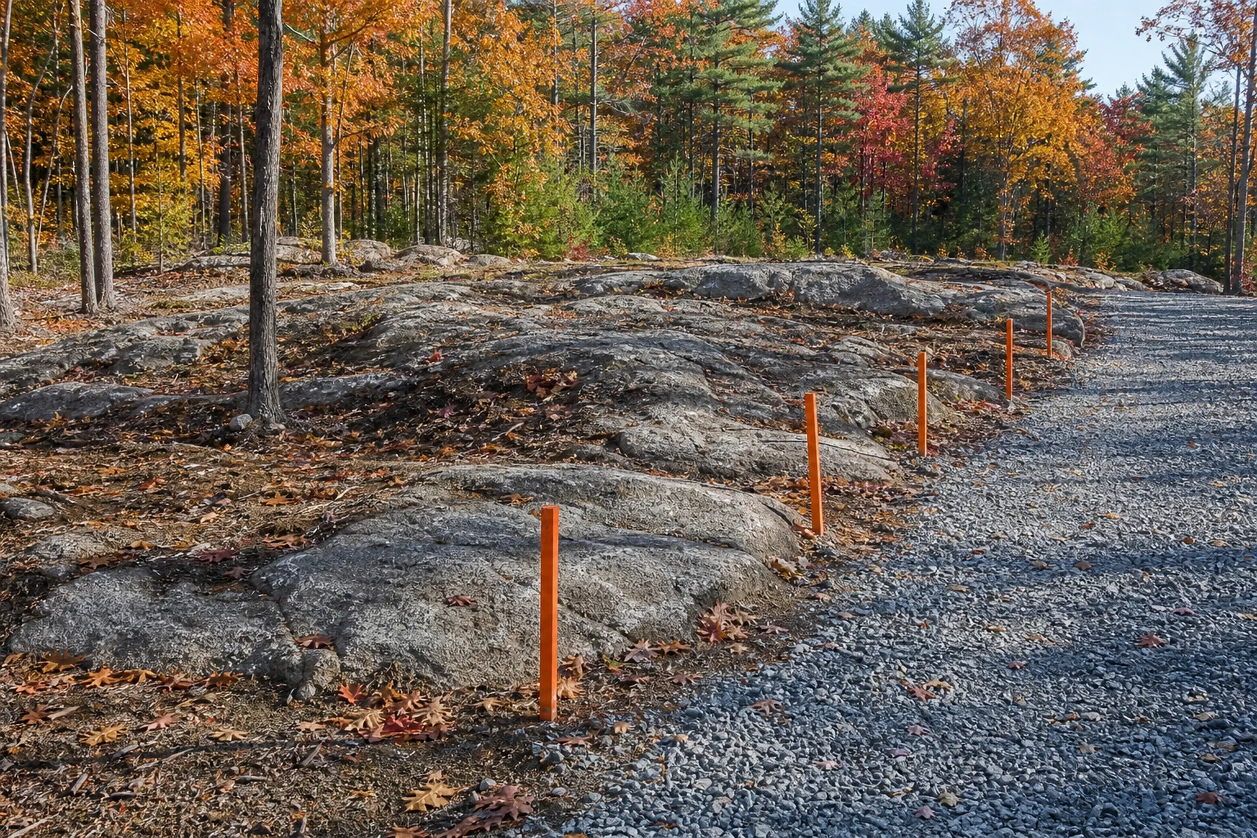 Custom home builder: gravel driveway running beside gray rock ledge marked with orange stakes, with fallen leaves on the ground and woods in autumn color behind