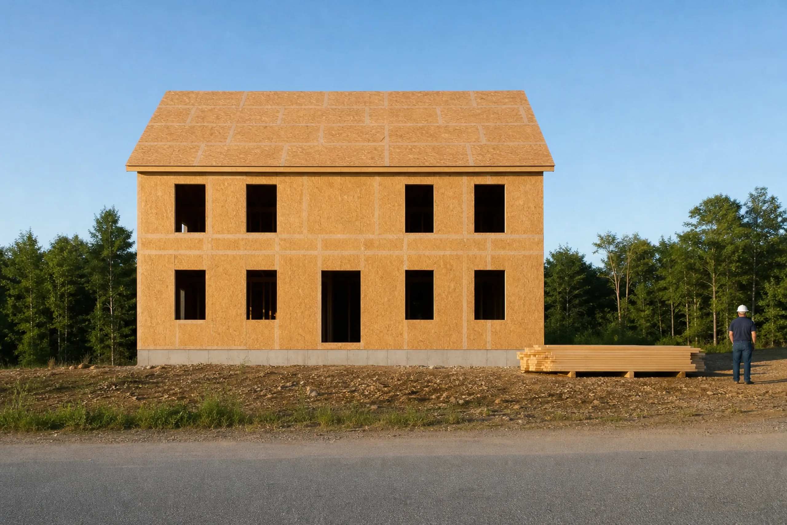 Custom home builder: two-story house framed and sheathed in tan panels with empty window openings, a lumber stack beside it and a man in a hard hat at the right