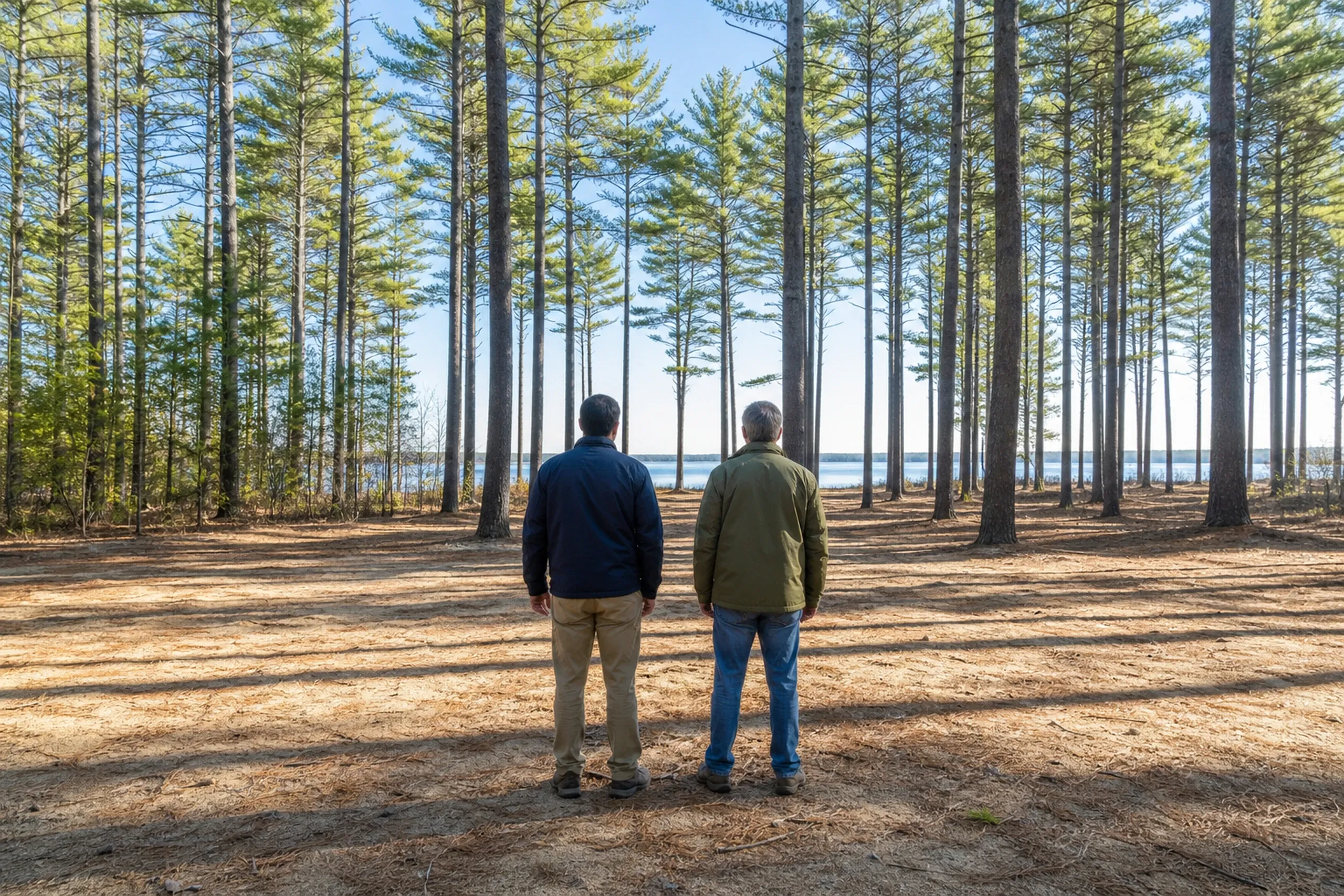 Custom home builder first visit: two men seen from behind on bare ground among tall pines, one in a navy jacket and one in an olive jacket, looking out toward a lake