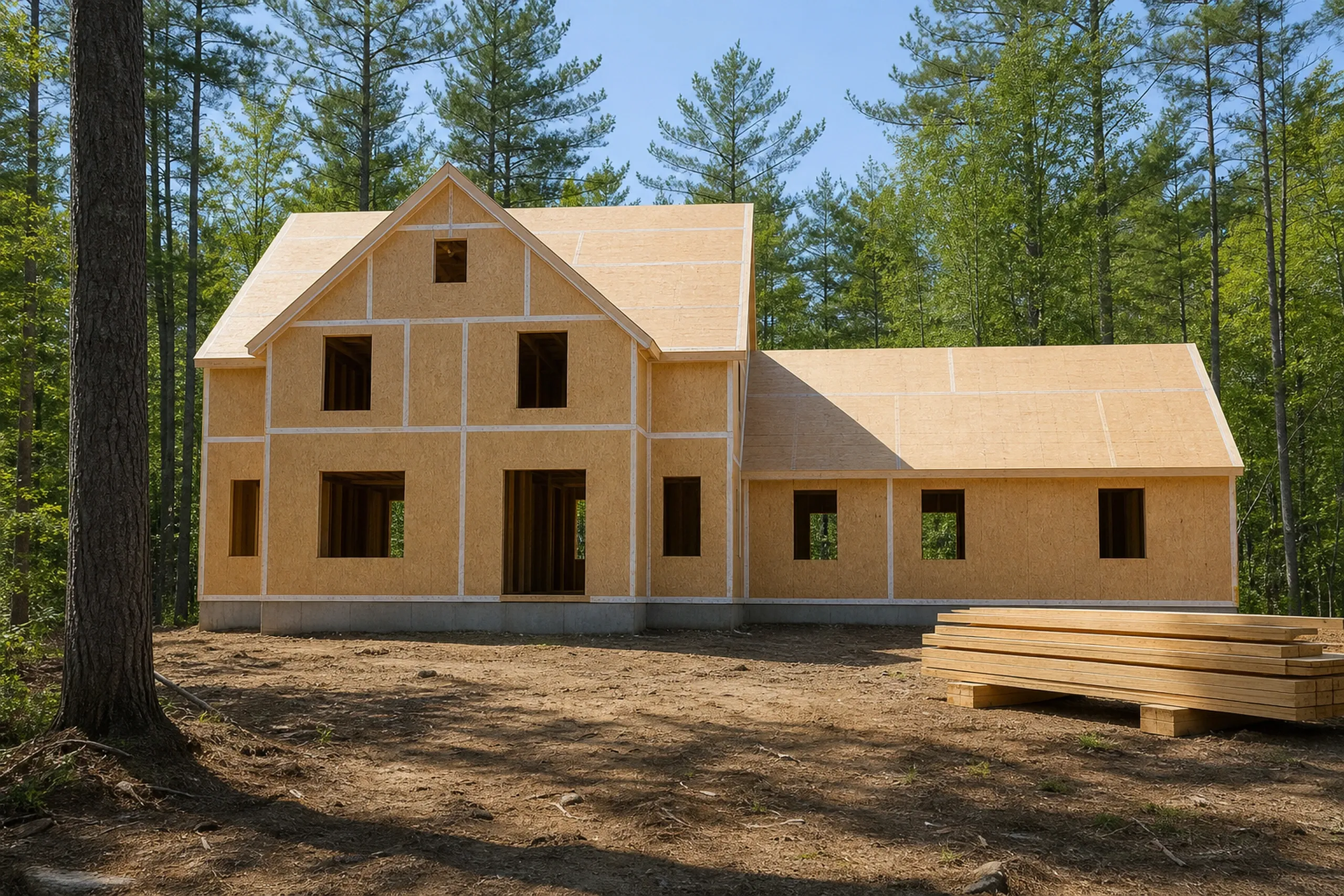 Custom home builder in progress: L-shaped house frame sheathed in tan panels with open window and door holes and no shingles yet, a lumber stack at right, in the woods