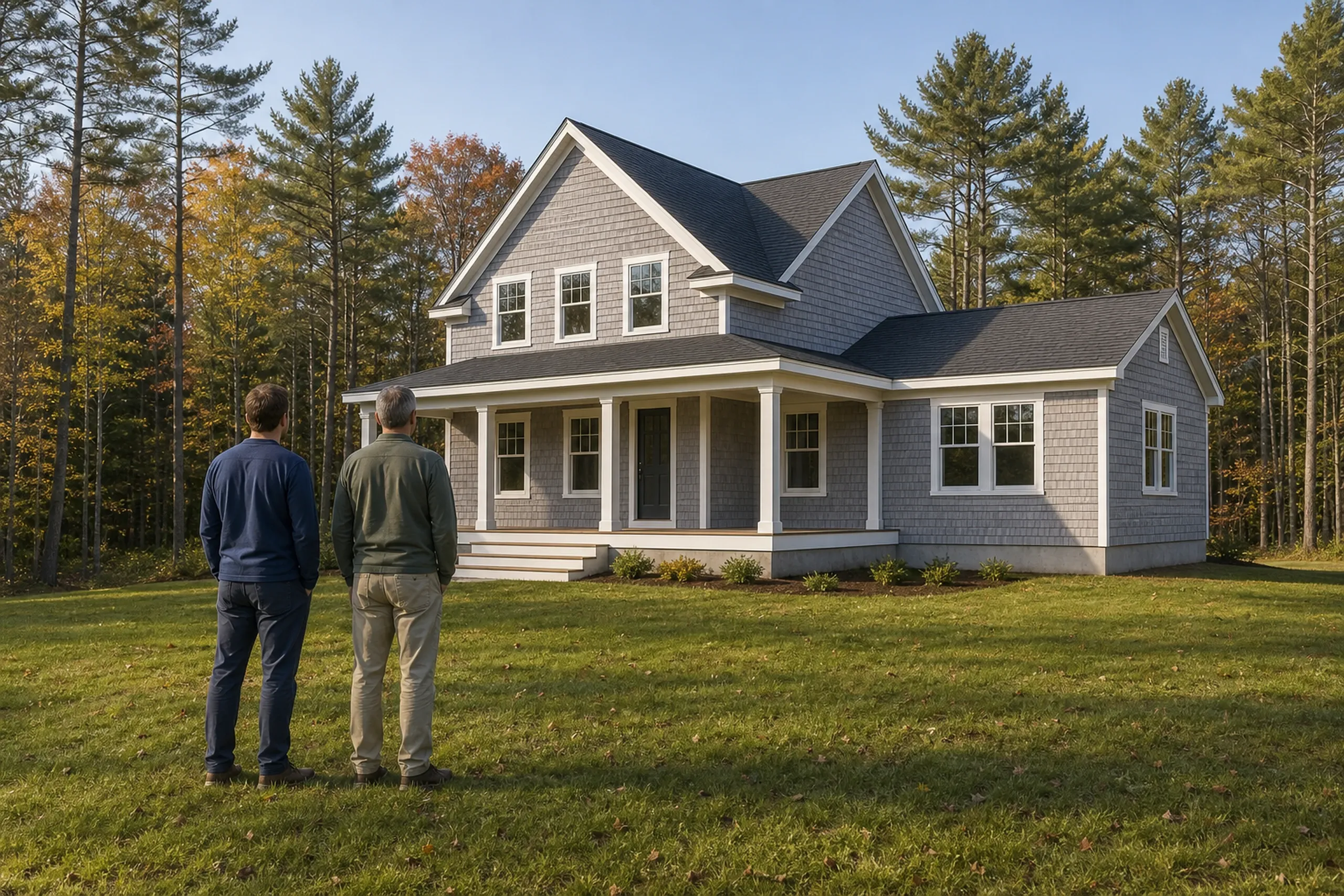 Custom home builder final walkthrough: two men seen from behind on a lawn facing a gray shingled house with a covered front porch, gabled upper windows and a side wing