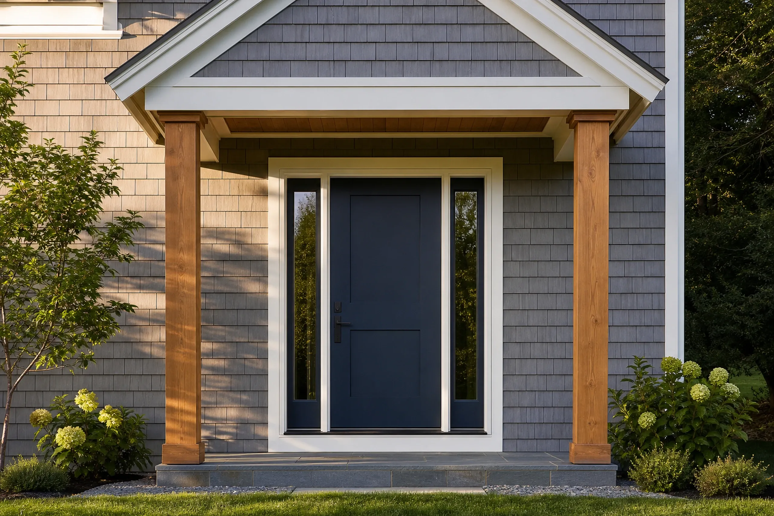 Custom home builder: front entry with a navy door and two narrow side windows under a small gabled roof on wood posts, with gray shingles and hydrangeas
