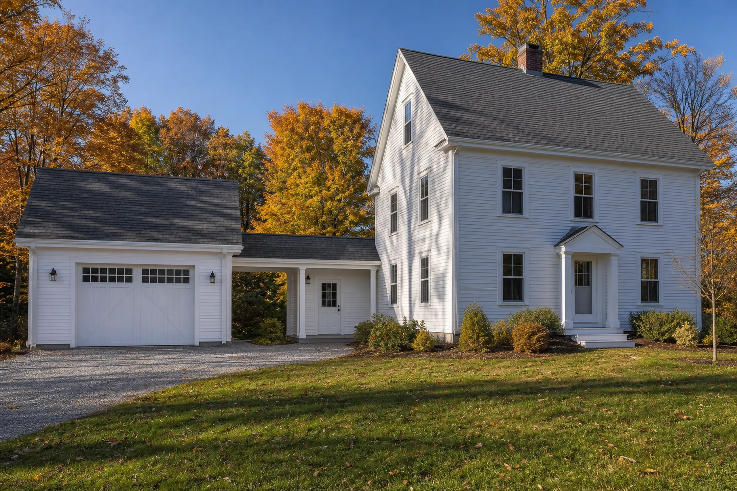 Garage builder: white clapboard house joined to a garage by a roofed breezeway with a side door, with a gravel drive, lawn and golden maples in autumn
