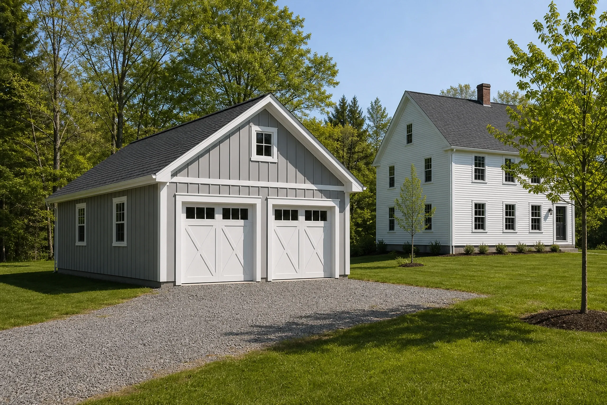 Garages: gray board-and-batten garage with two white carriage-style doors on a gravel pad, beside a white clapboard house with a brick chimney