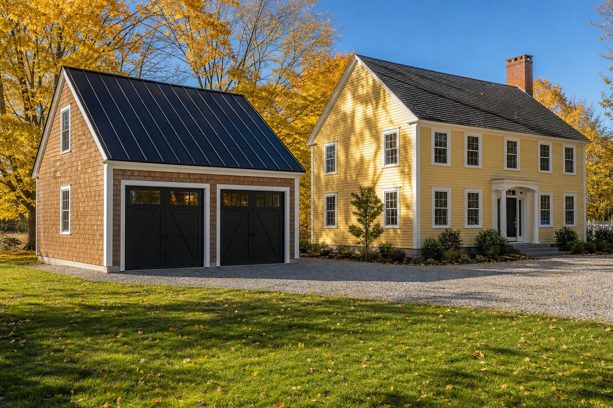 Garage builder: two-car garage with brown shingle sides, a dark metal roof and black barn-style doors beside a yellow clapboard house in autumn