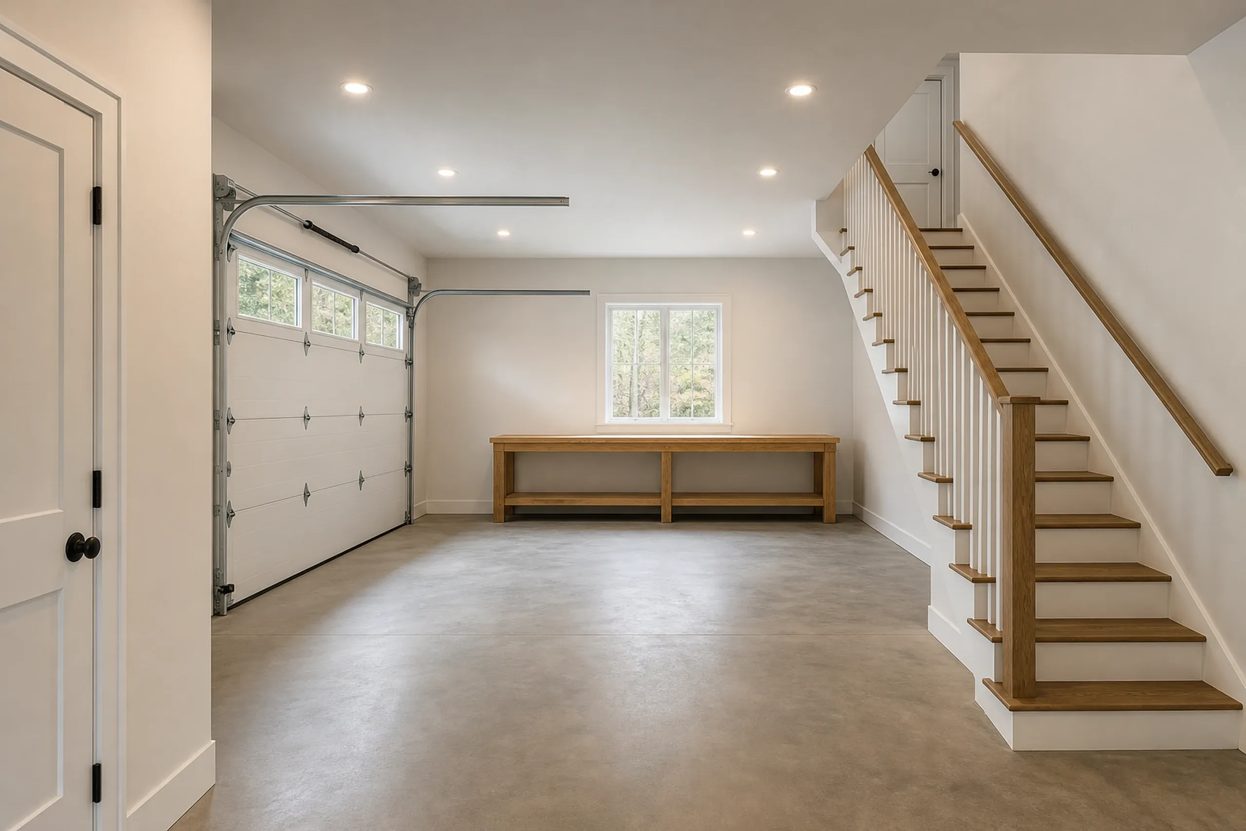 Garage builder: finished garage with white walls, a smooth concrete floor, a long wooden workbench under a window and an open stair to a door above