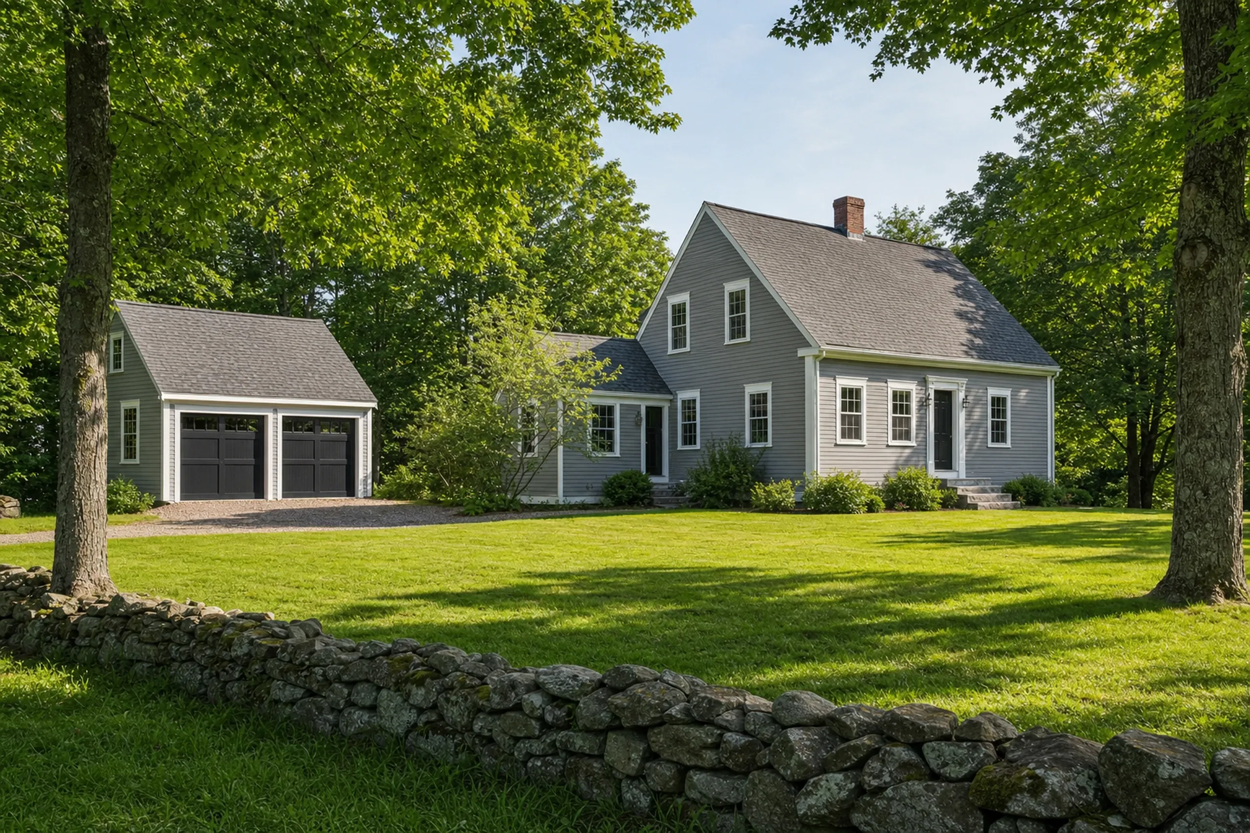Garage builder: gray cape-style house with a brick chimney and side wing beside a detached garage with two black doors, behind a fieldstone wall