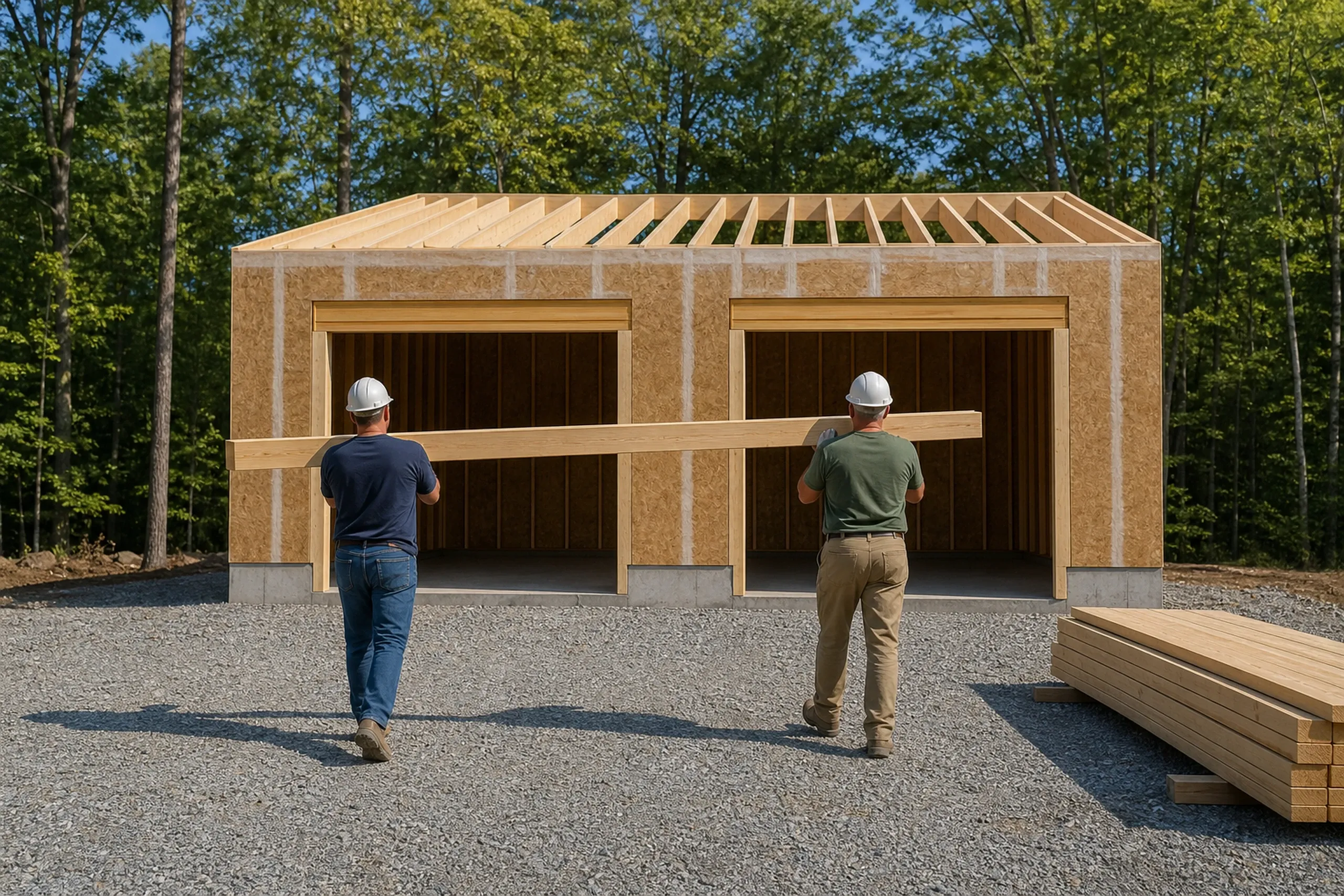 Garage builder: two workers in hard hats seen from behind carrying a long joist toward a framed two-bay garage with floor joists set level on top
