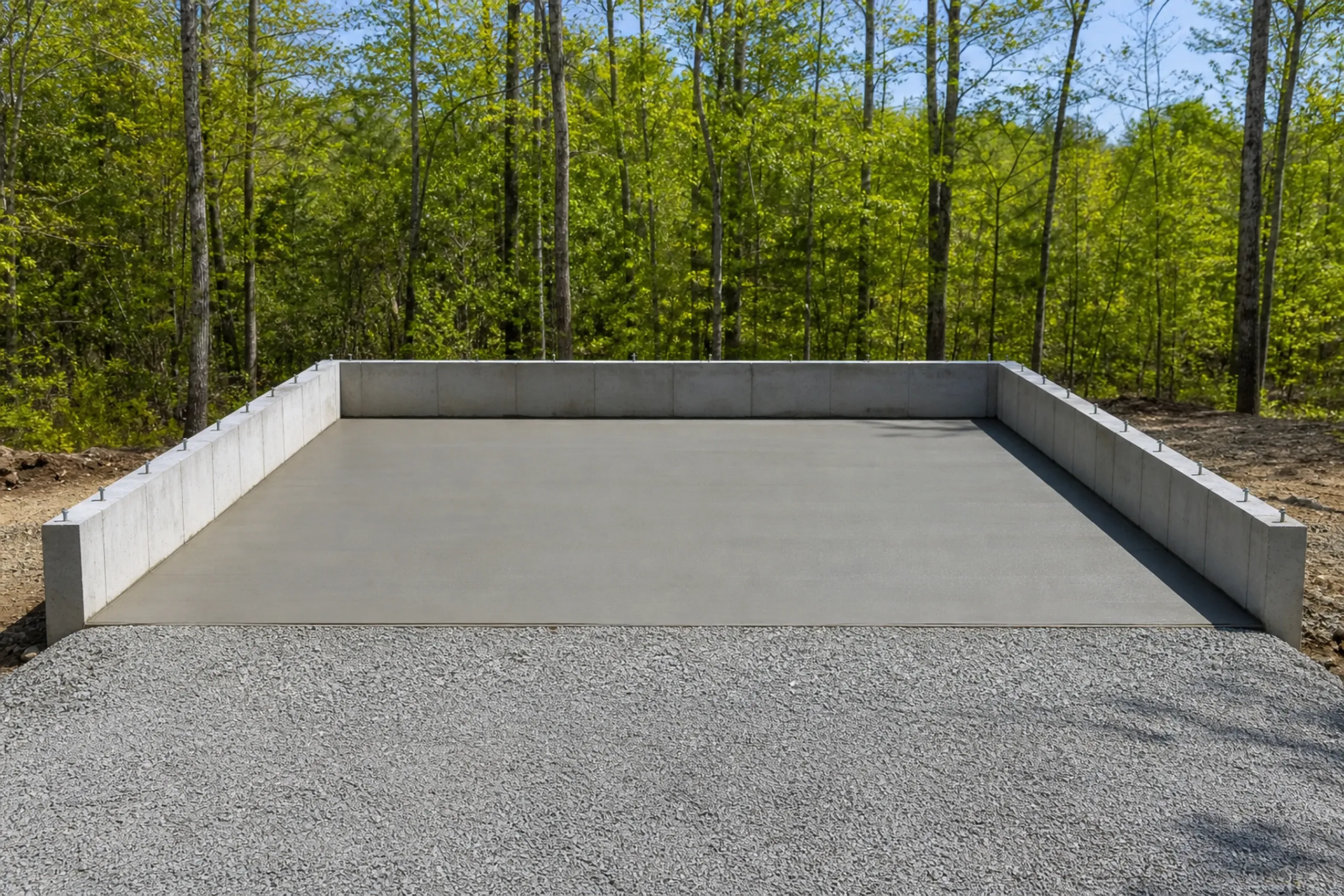 Garage builder: new concrete garage slab inside a low poured frost wall with anchor bolts, compacted gravel running level to its open front