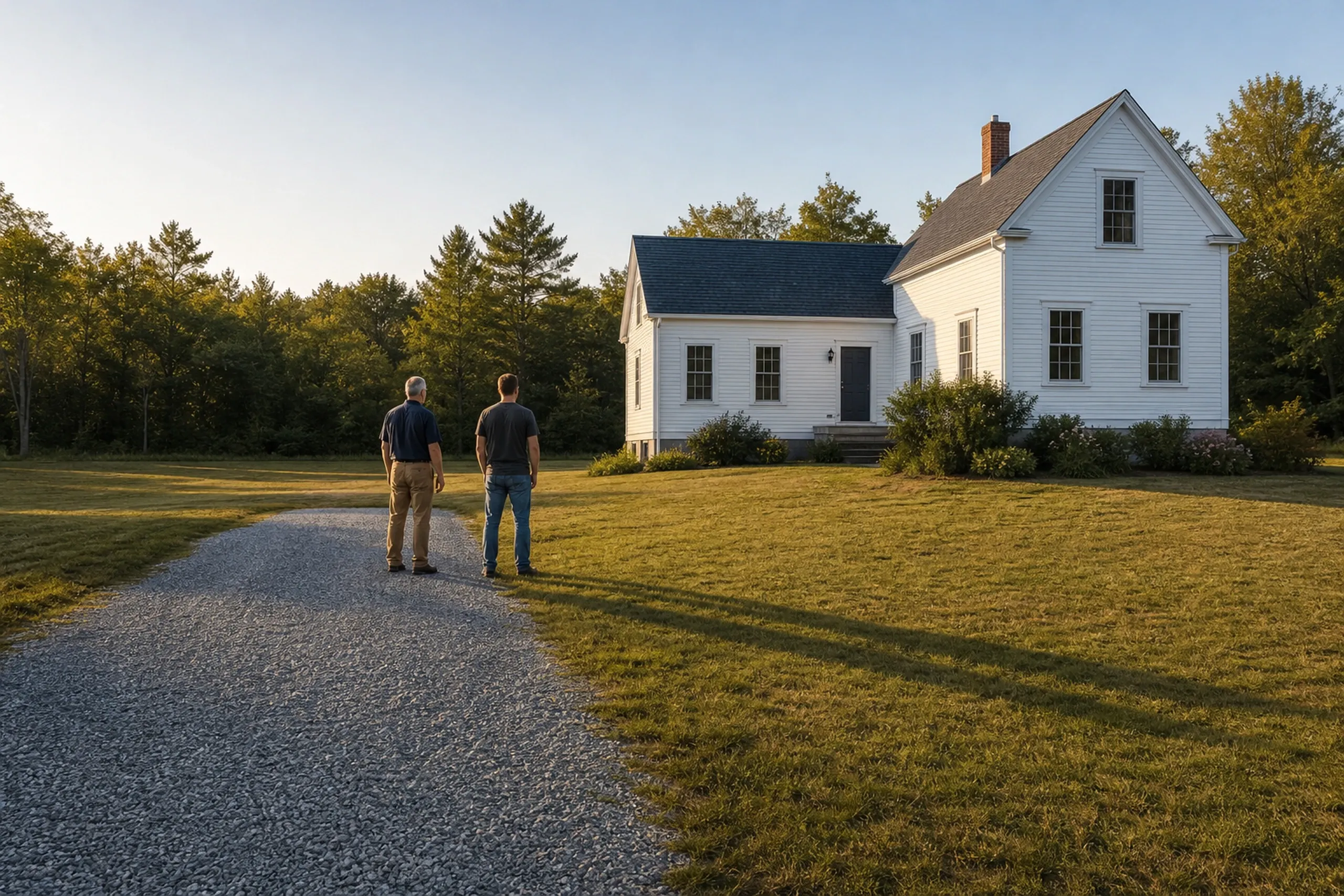 Garage builder first visit: two men seen from behind at the edge of a gravel drive on an open lawn beside a white farmhouse with a long ell, low evening sun