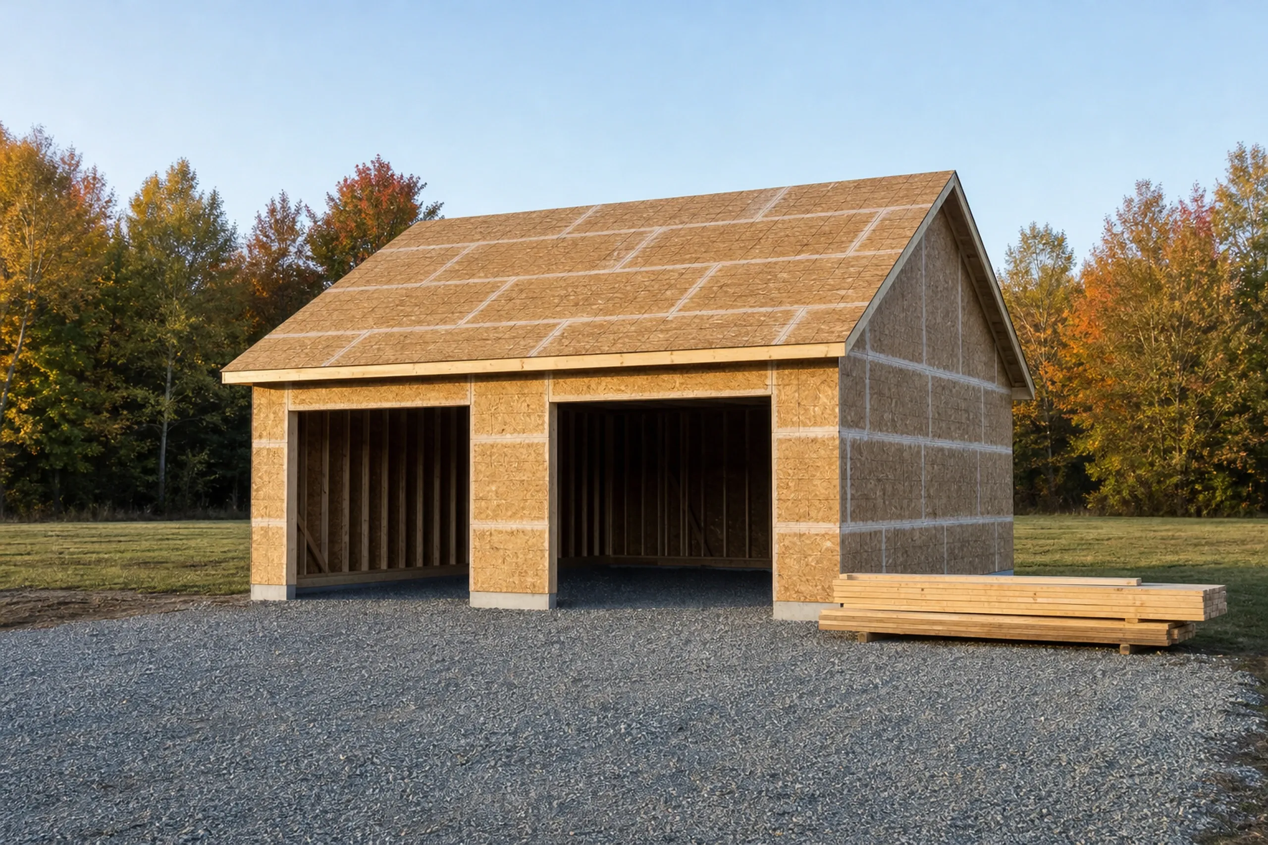 Garage builder in progress: two-bay garage frame with sheathed walls and roof, open bays showing studs, a lumber stack at right and gravel all around, in autumn