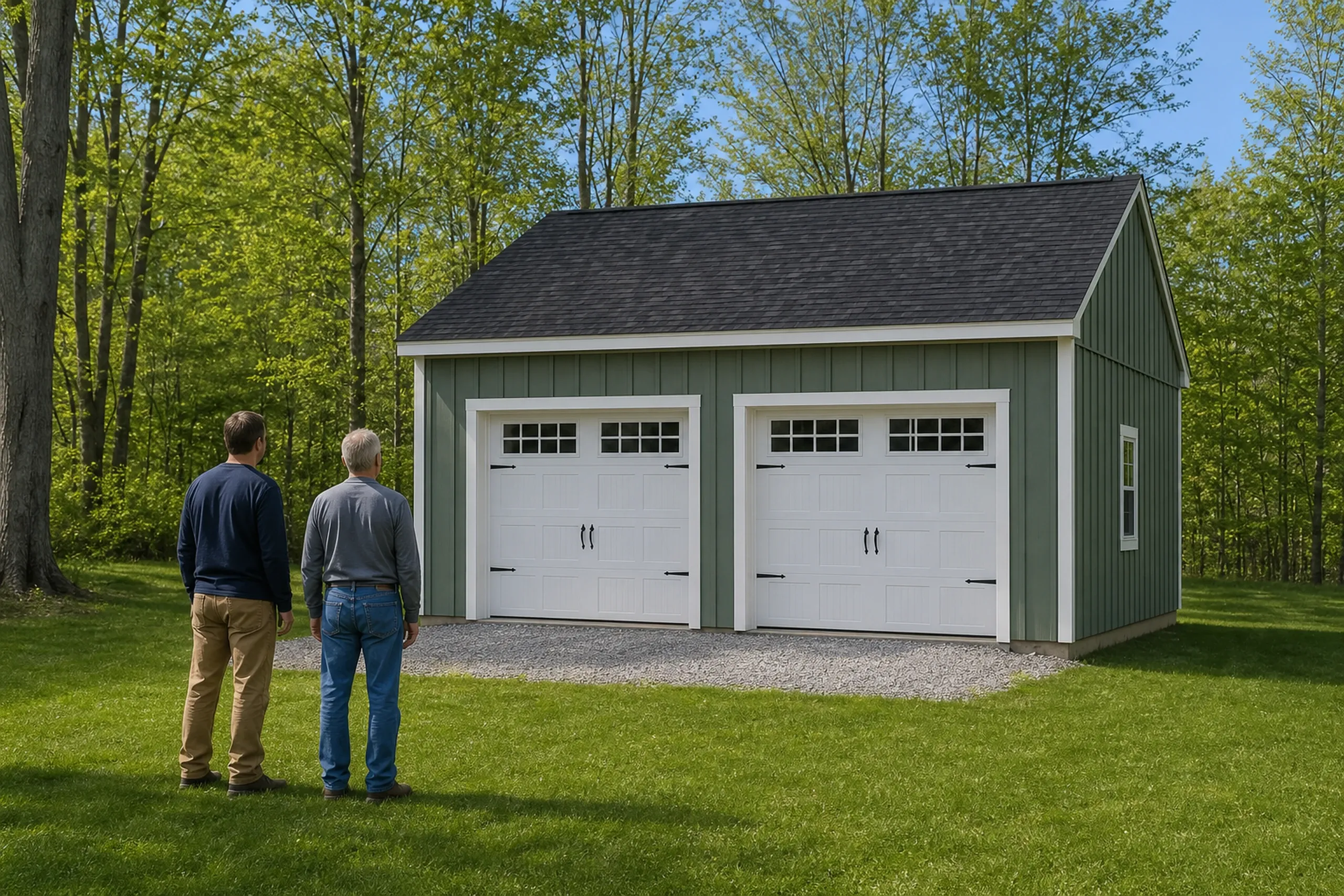Garage builder final walkthrough: two men seen from behind on a lawn looking at a green board-and-batten garage with two white doors with small window panes