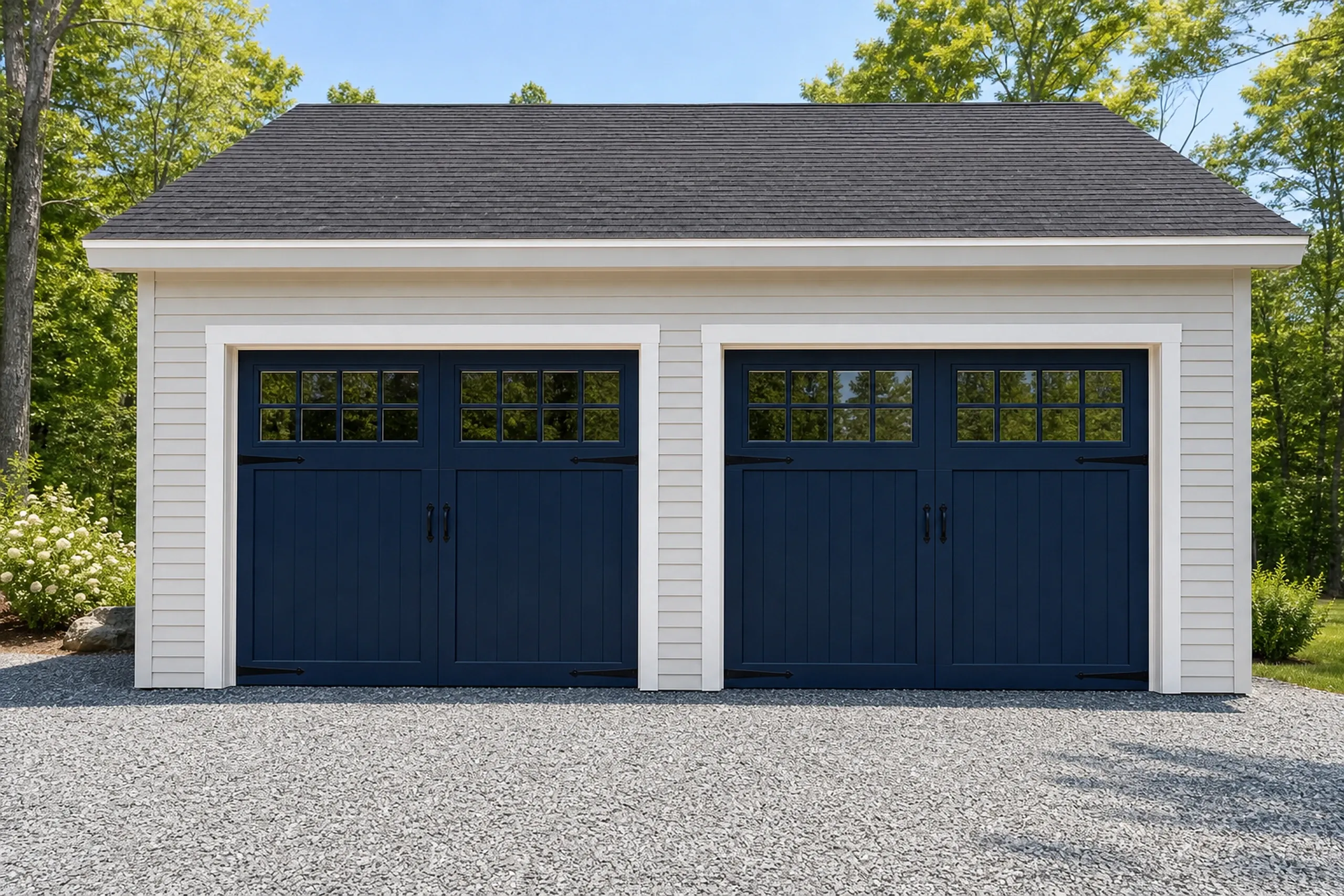 Garage builder: two-car garage with white siding, a dark roof and navy double doors with small window panes, on gravel beside a flowering shrub