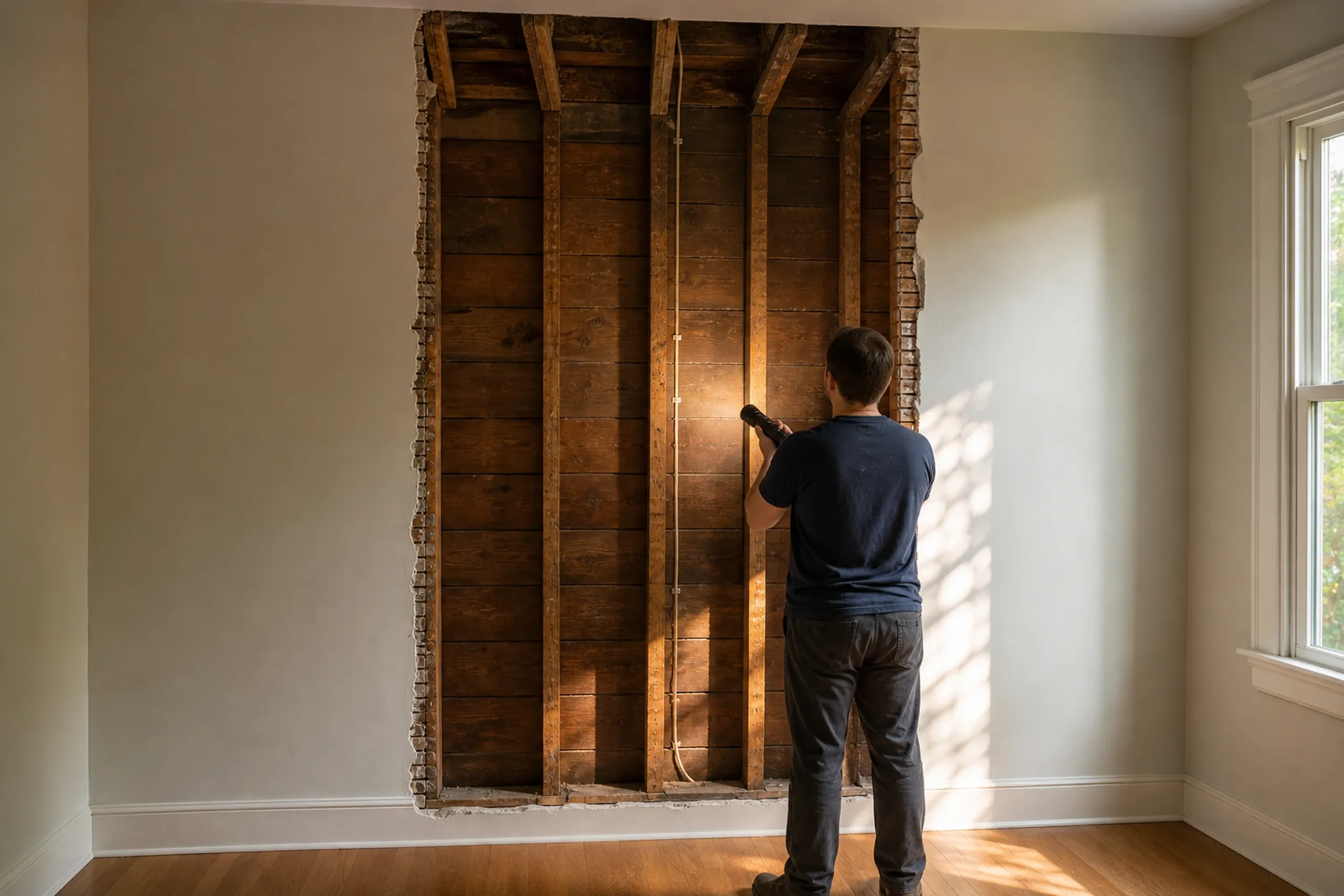 General contractor in Biddeford: man seen from behind shining a flashlight into an opened plaster wall where tall old studs run up past the ceiling line