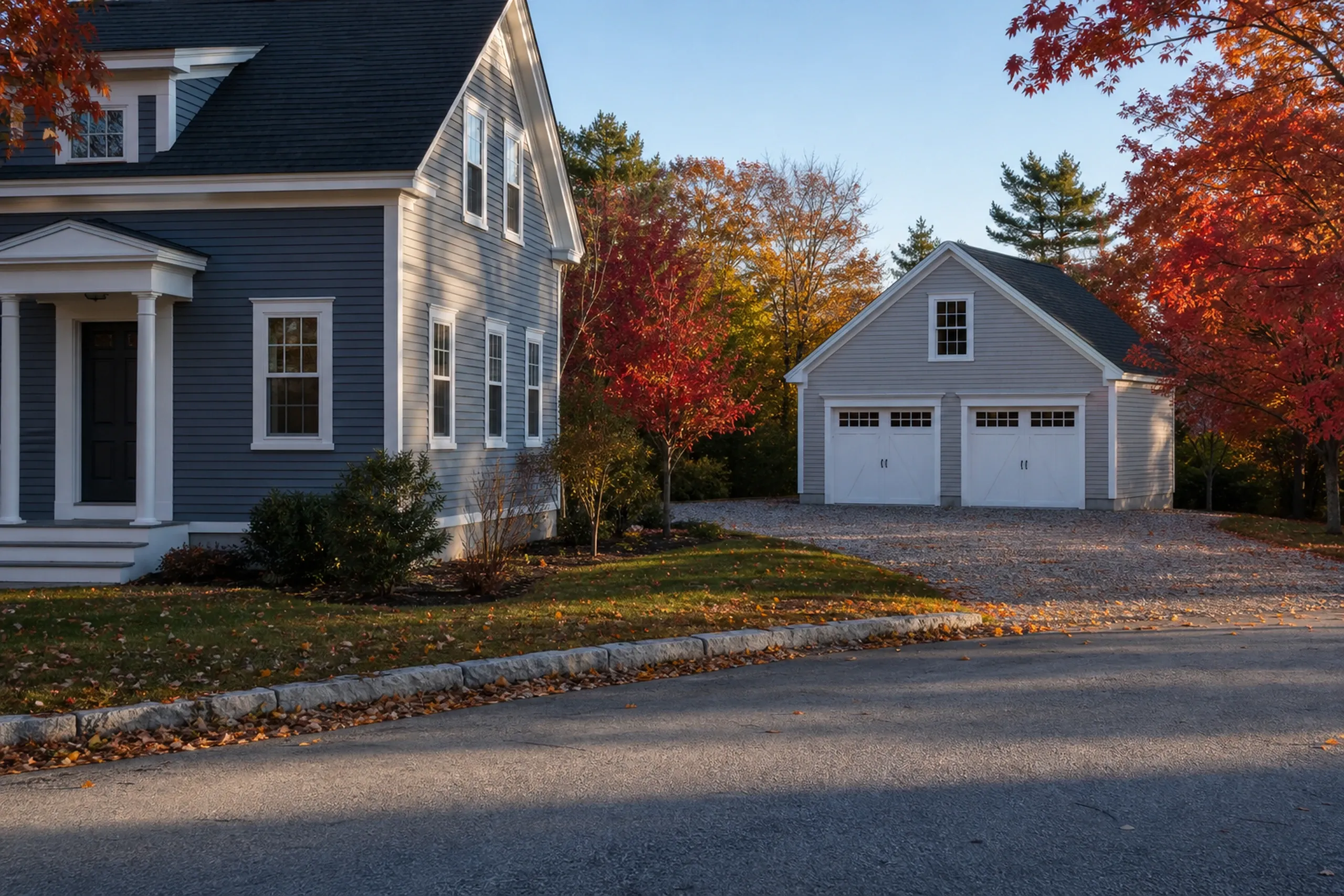 General contractor in Biddeford: blue-gray clapboard house with white trim and a columned entry porch beside a detached two-car garage, among red maples in autumn