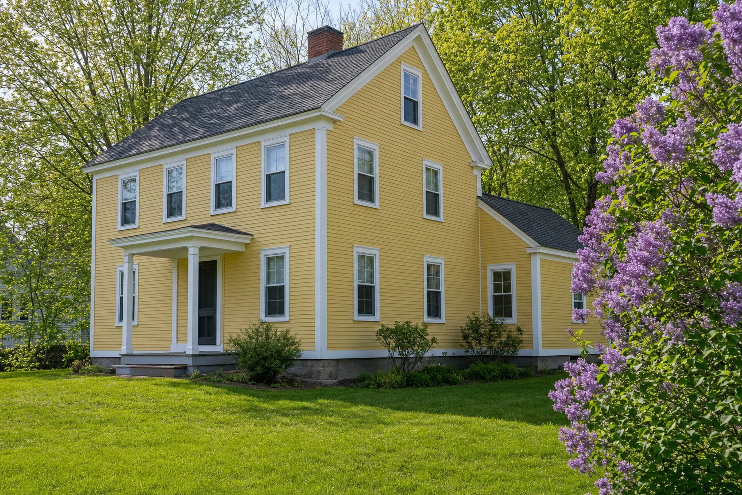 General contractor in Biddeford, ME: yellow clapboard two-story house with white trim, a small columned entry porch, a brick chimney and a side wing, beside a blooming lilac