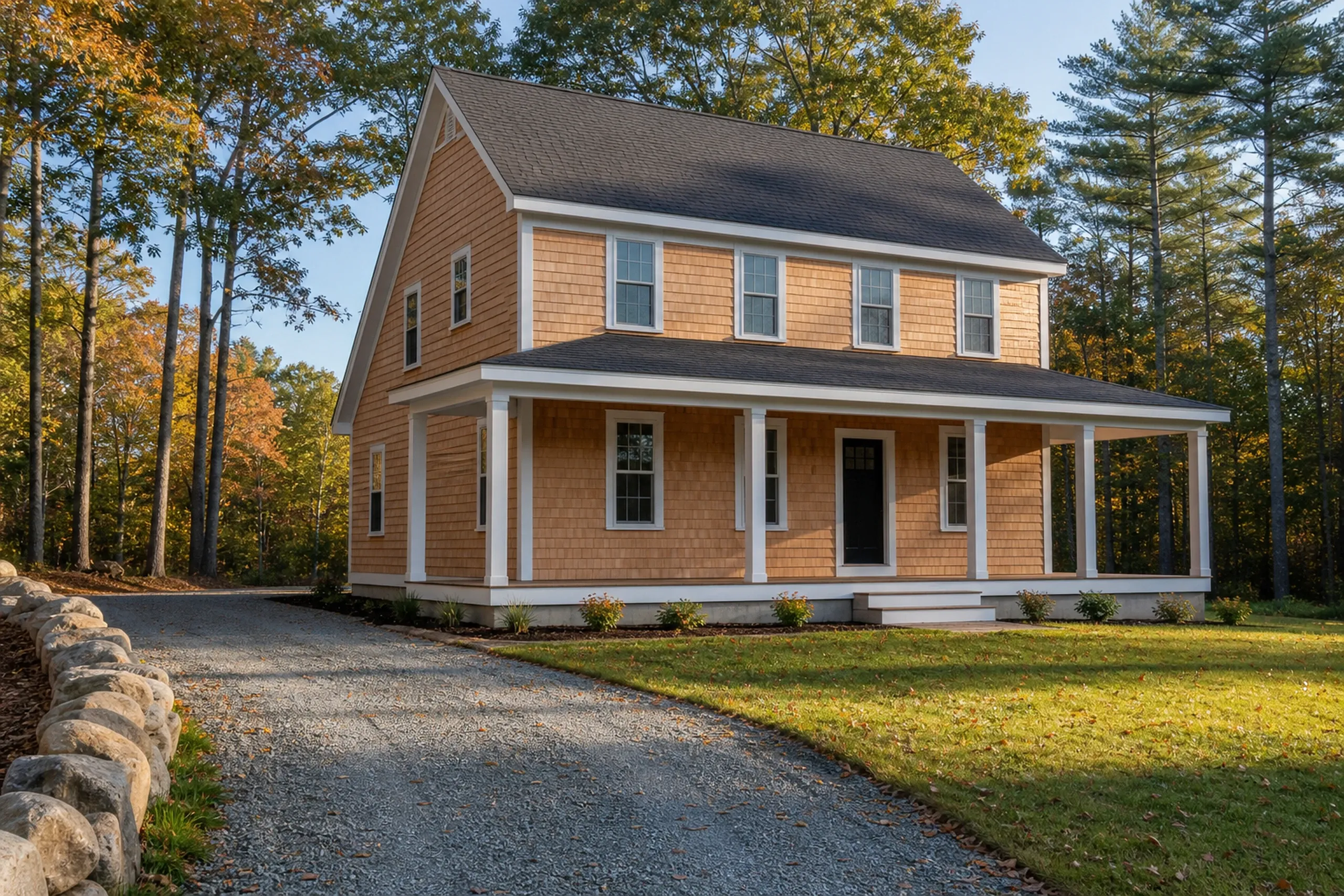 General contractor in Biddeford: two-story house with golden-brown shingle siding and a deep front porch on white posts, a gravel drive edged by stones, and woods behind