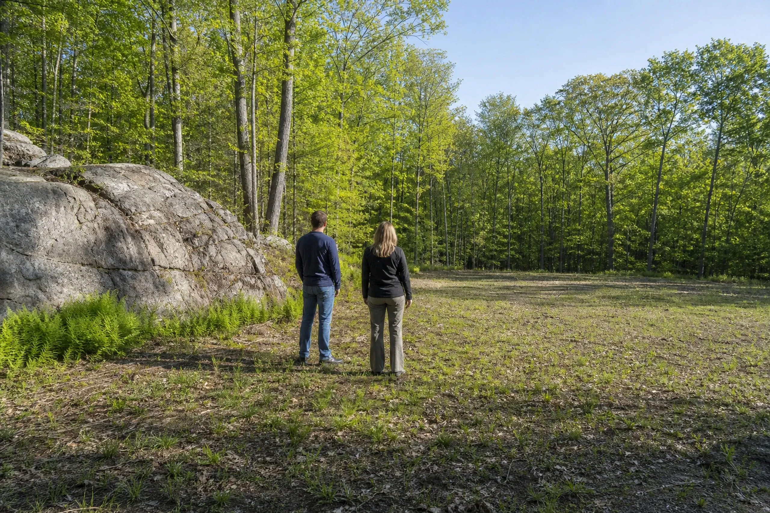 General contractor in Biddeford first visit: two people seen from behind in a grassy forest clearing beside a large gray rock outcrop and ferns, facing the trees
