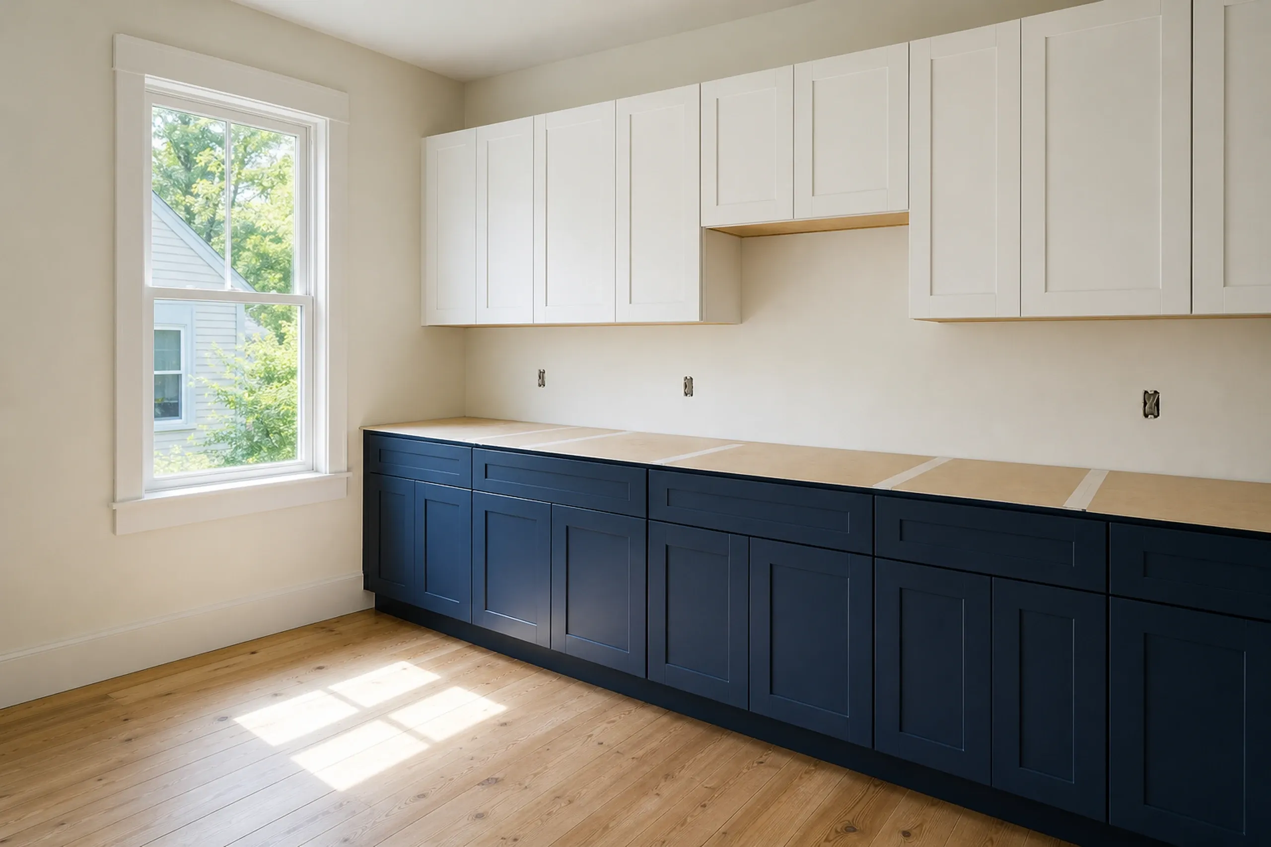 General contractor in Biddeford: kitchen with navy lower and white upper cabinets set along one wall, bare wood on top where counters go, a plank floor and a tall window