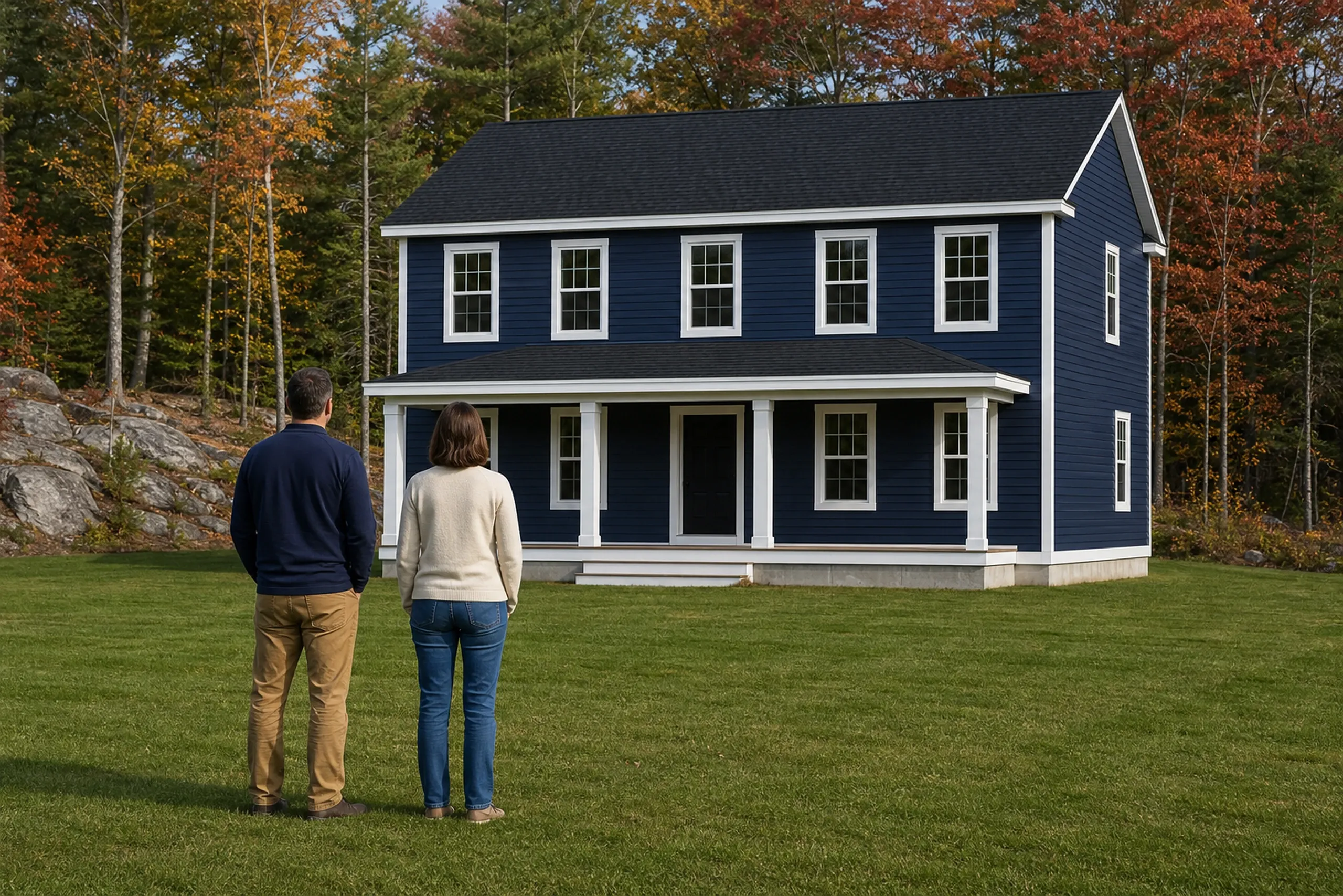 General contractor in Biddeford: two people seen from behind on a lawn facing a navy two-story house with white trim and a covered porch, with rock ledge and autumn trees