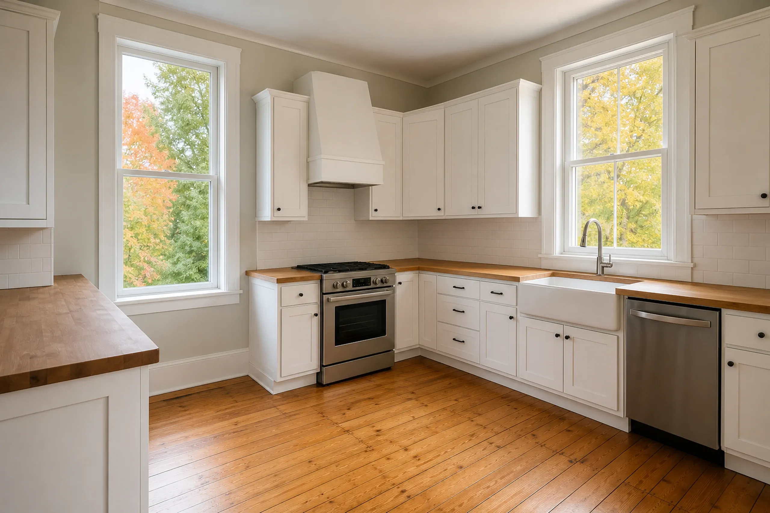General contractor in Biddeford: kitchen with white cabinets, butcher block counters, a farmhouse sink, a steel range under a white hood and autumn leaves outside