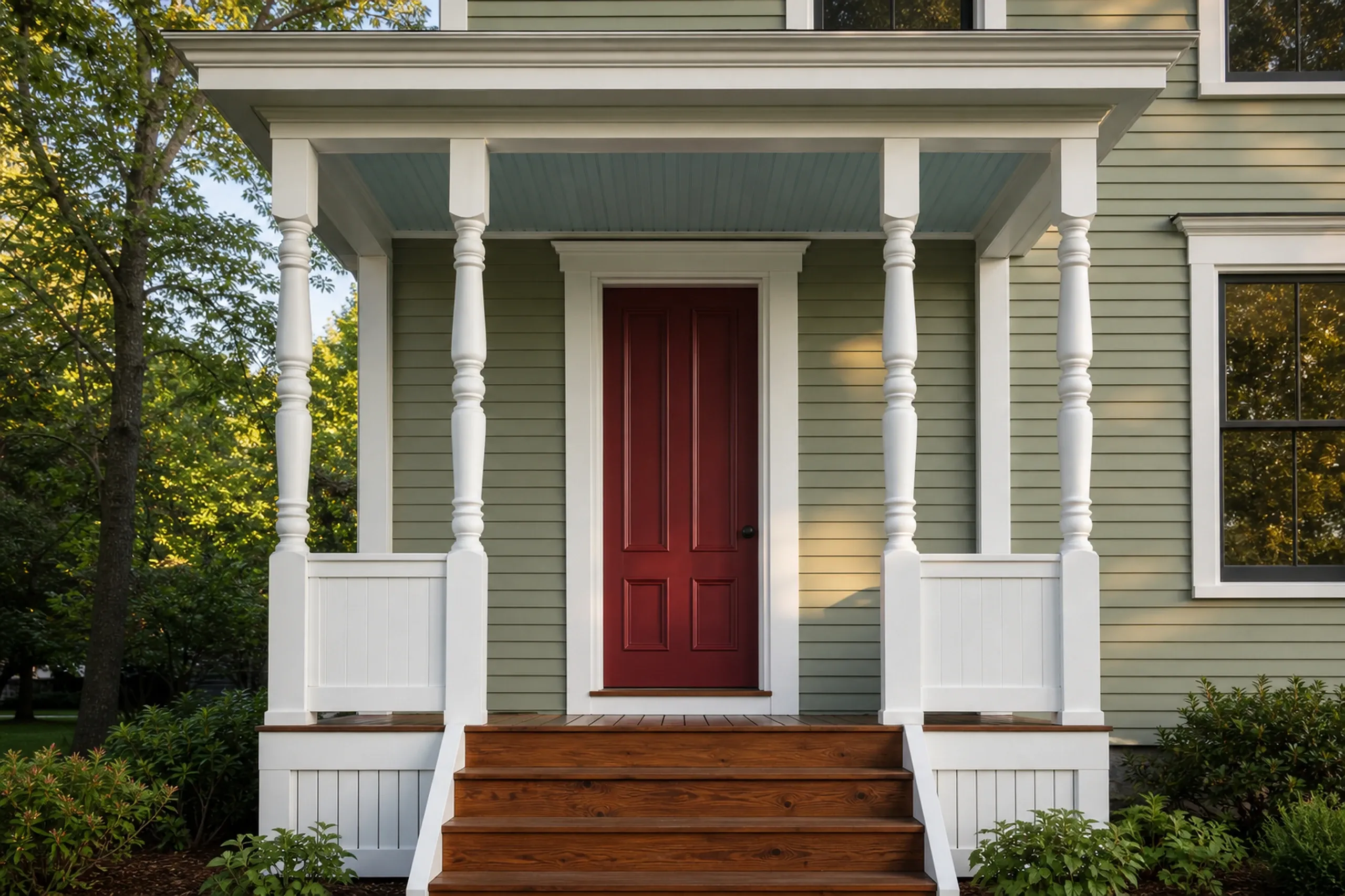 General contractor in Biddeford: covered front porch with white turned posts, wood steps and a deep red paneled door on a pale green clapboard house, shrubs at the base