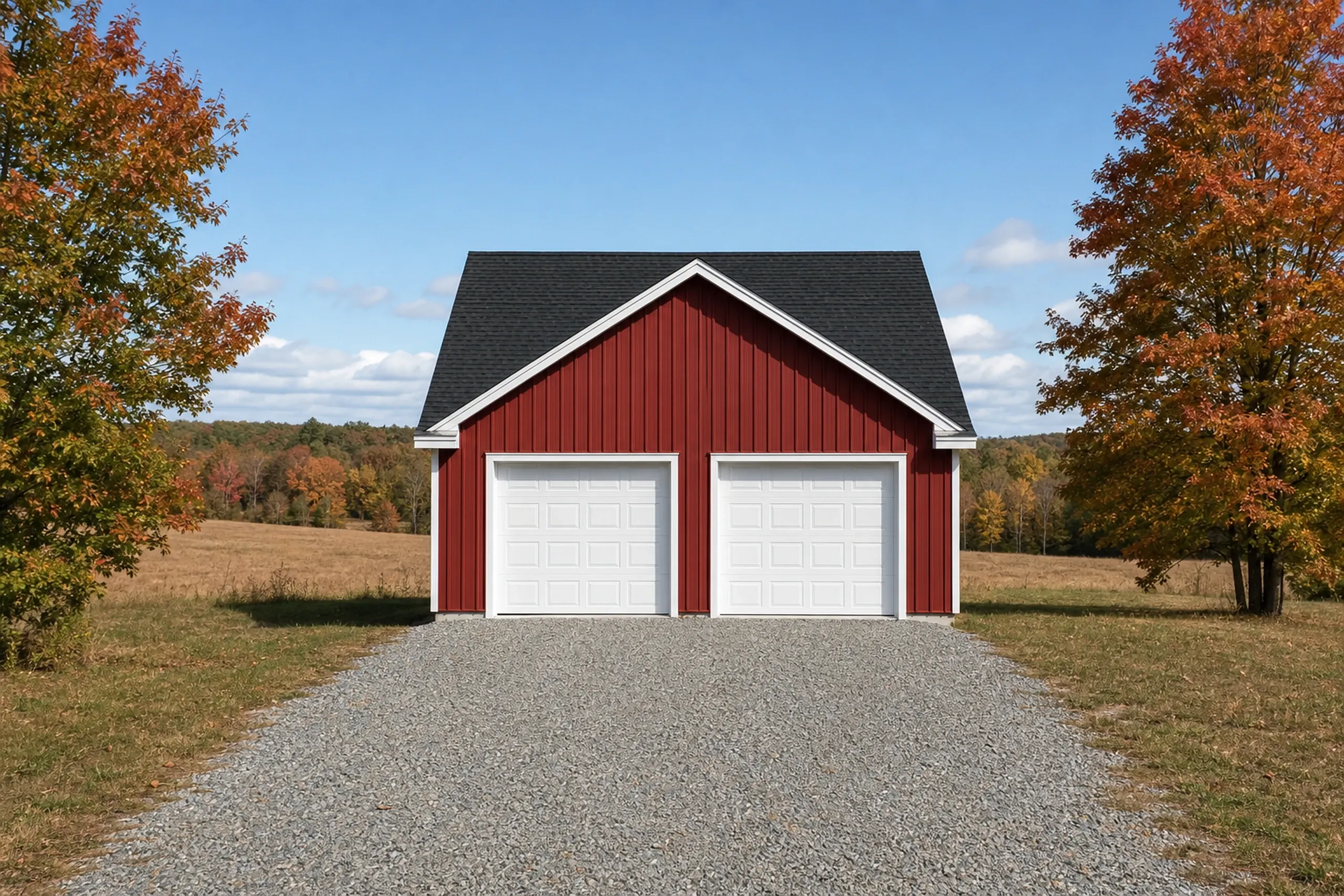 General contractor in Buxton: red vertical-sided detached garage with two white doors and a dark gable roof, gravel drive, open field and colored trees in autumn